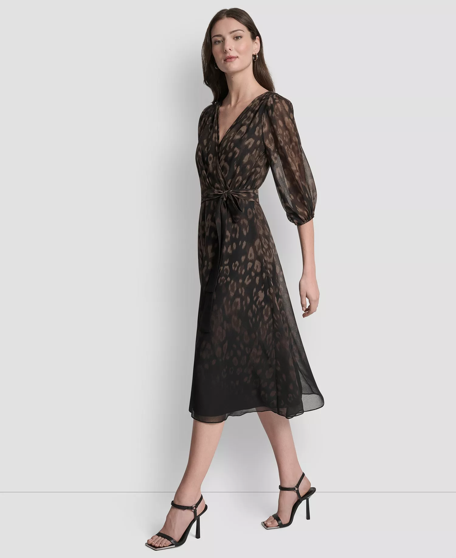Women's Balloon Sleeve Faux Wrap Midi Dress - Chocolate/Black - 2