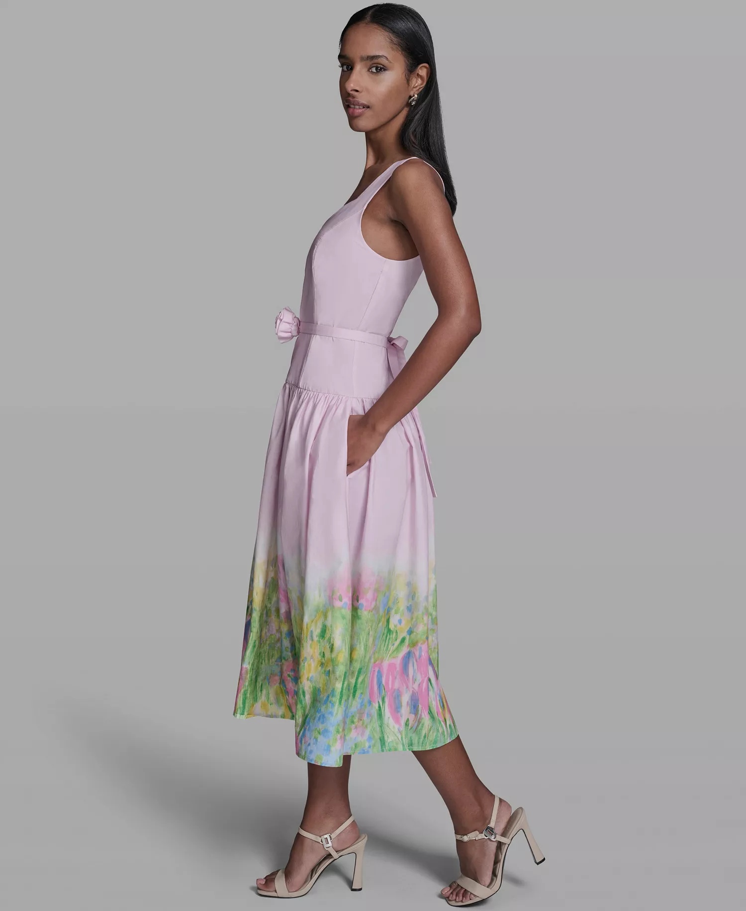 Women's Drop Waist Border Hem Midi Dress - Pink Sherbet/Tea Green Combo - 10