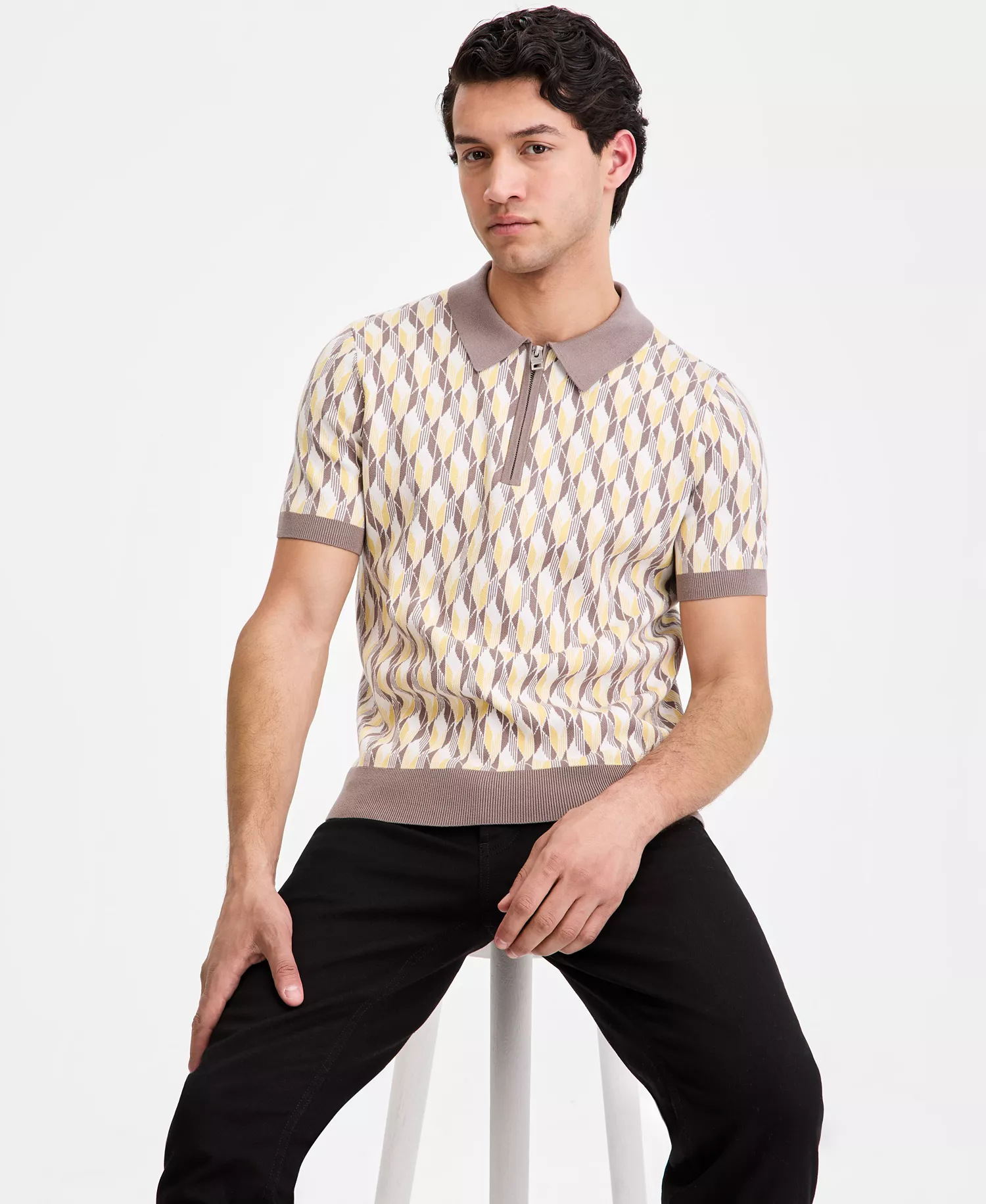 Men's Jacquard Half-Zip Short-Sleeve Polo Shirt - open miscellaneous - 2XL