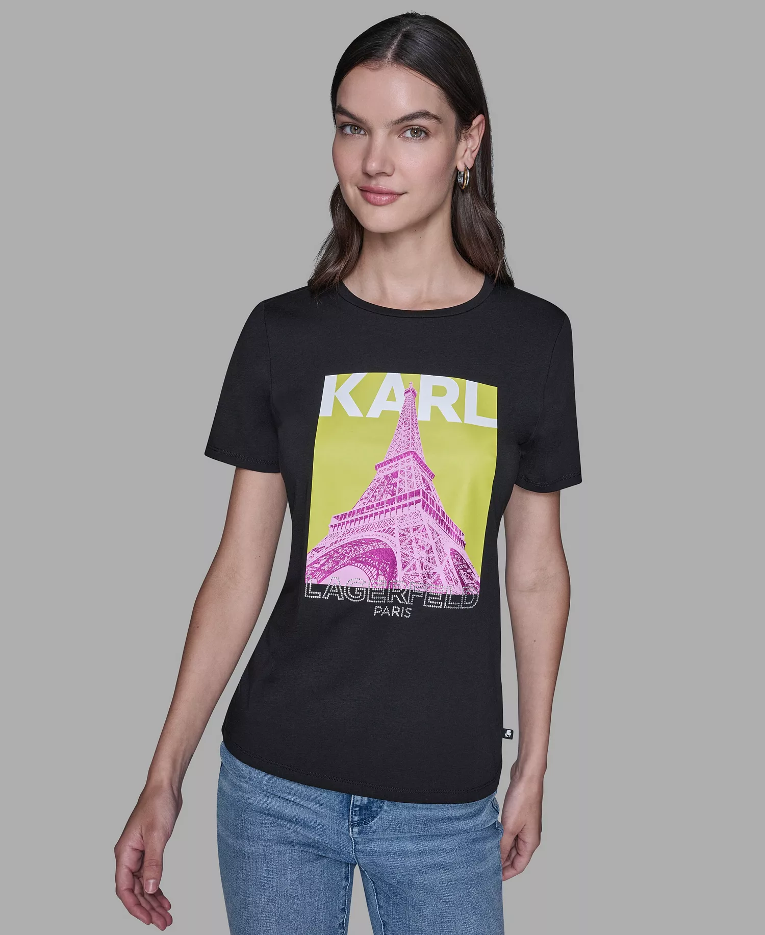 Women's Eiffel Tower Printed Short-Sleeve T-Shirt - Black/Pink - L