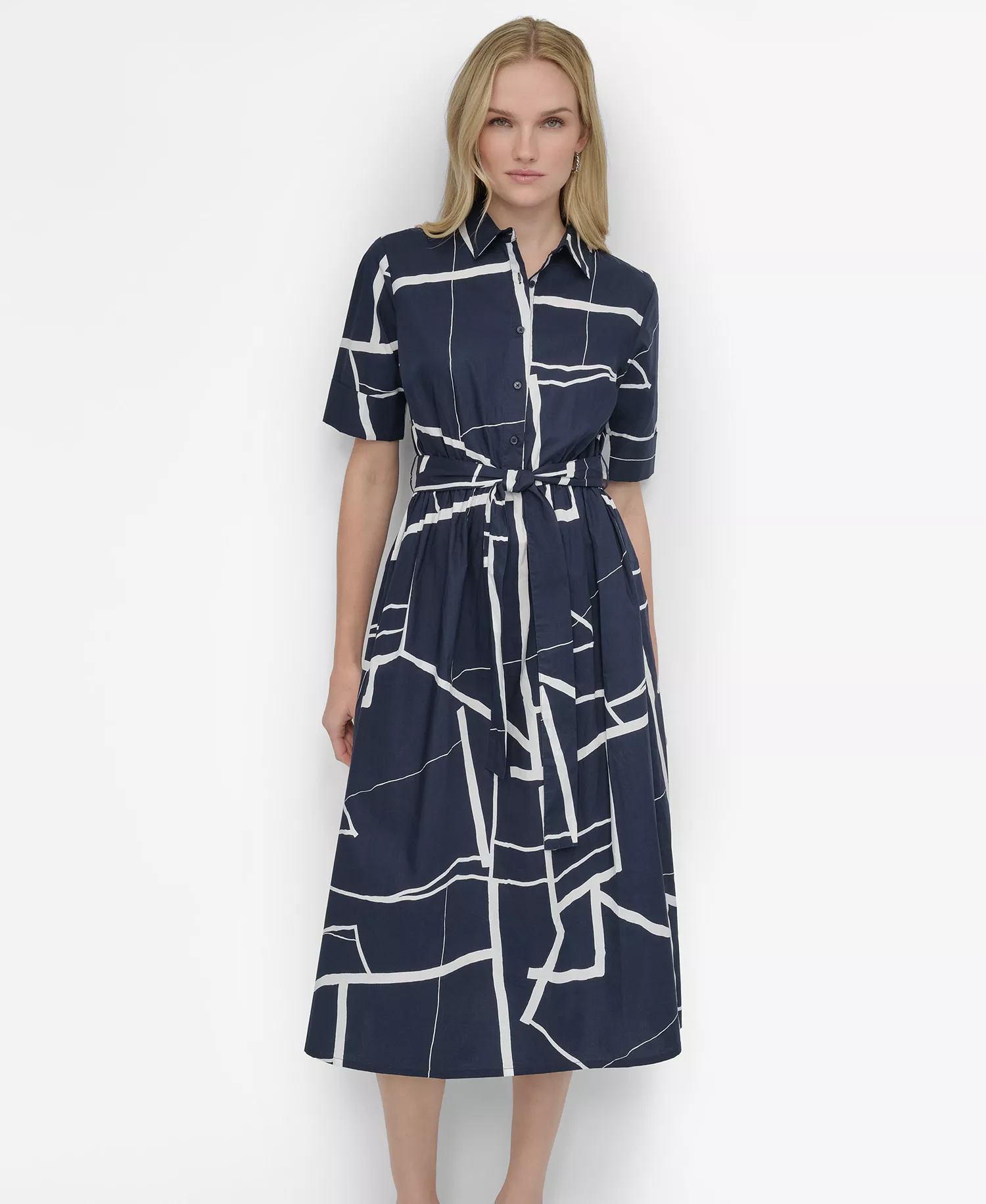 Women's Abstract Printed Cotton Midi Shirt Dress - Navy, Cream - 14