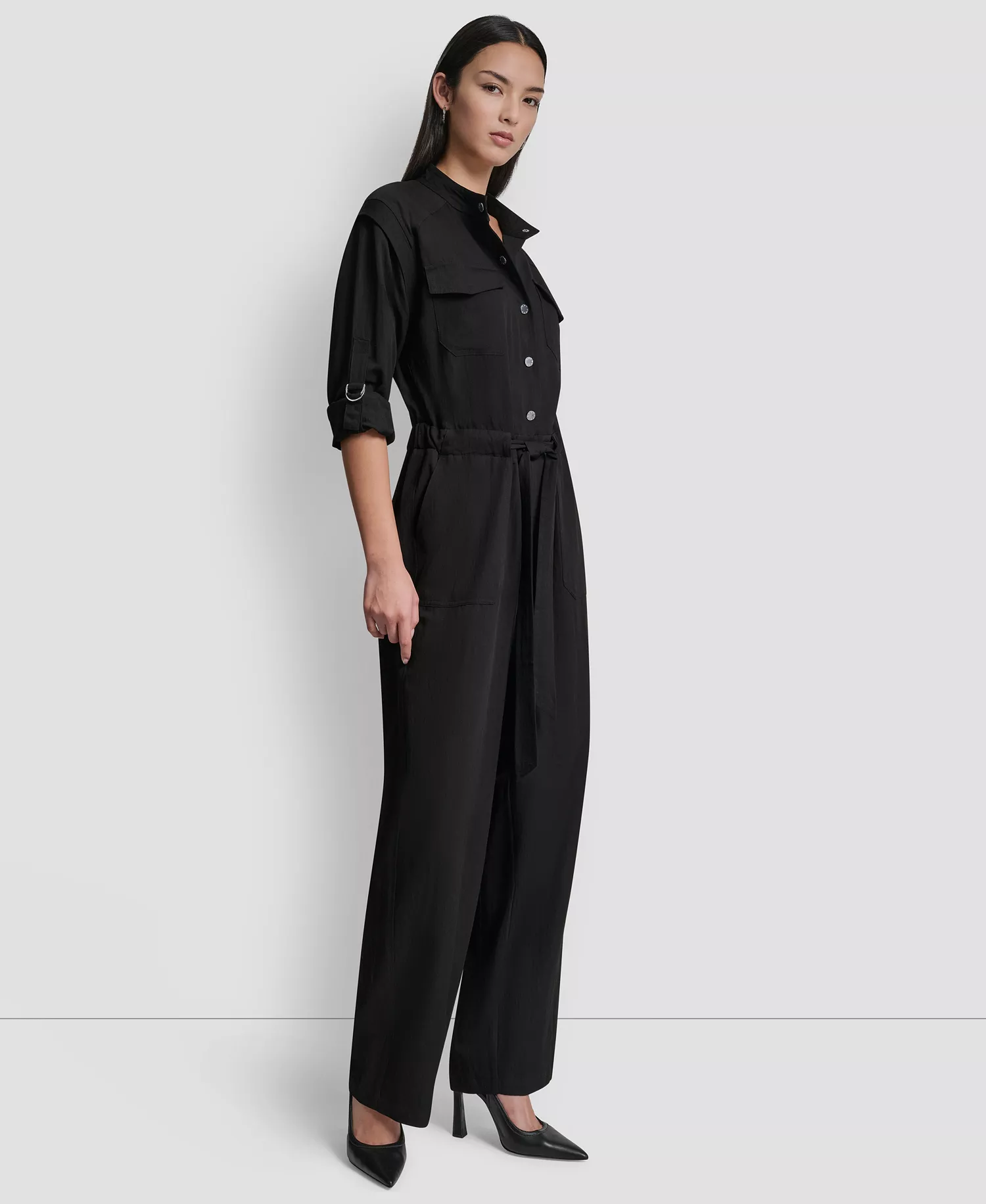 Women's Adjustable Waist Crewneck Jumpsuit - Black - L