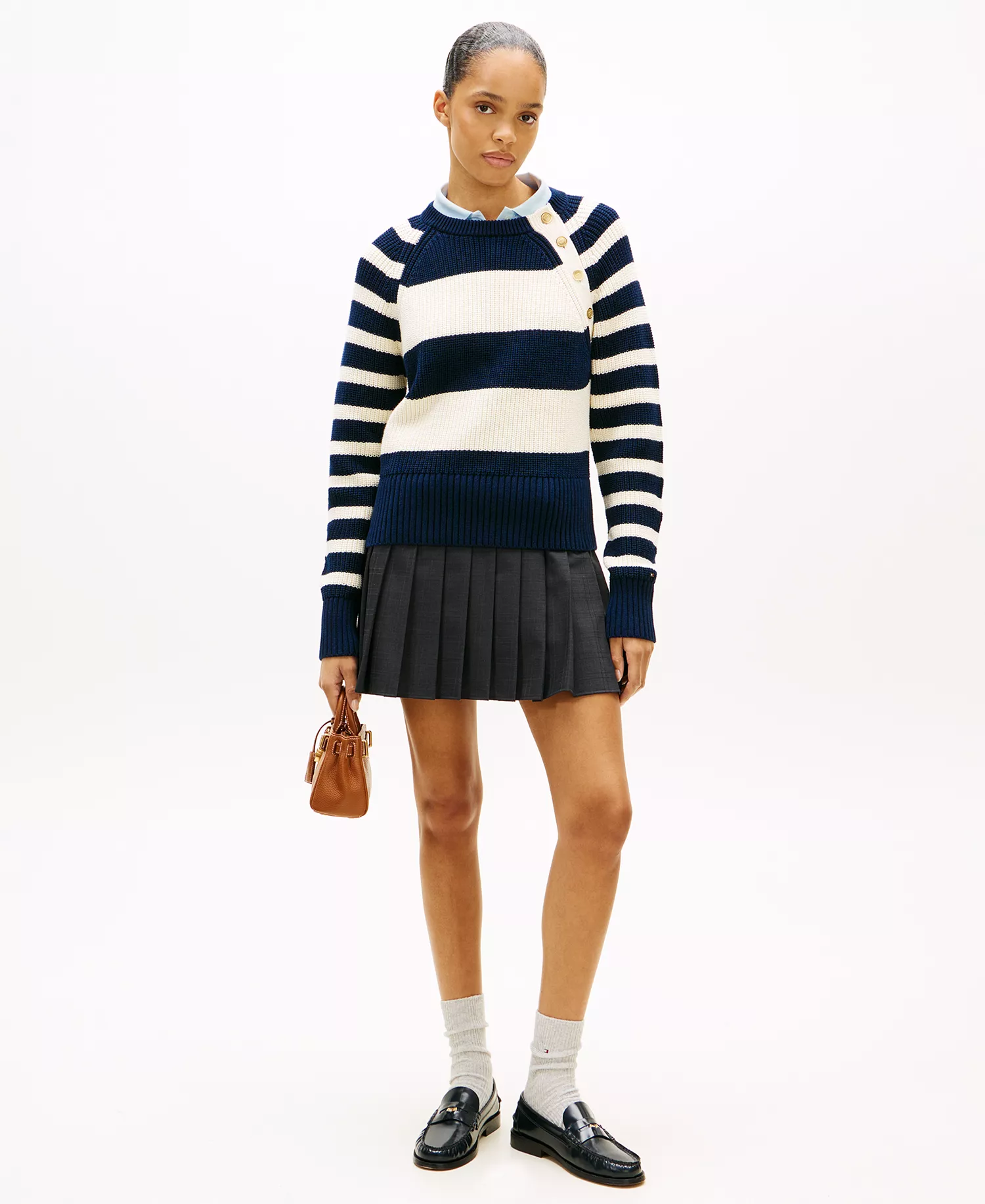 Women's Gold-Tone Button Utility Crew Neck Sweater - Blue/white - L
