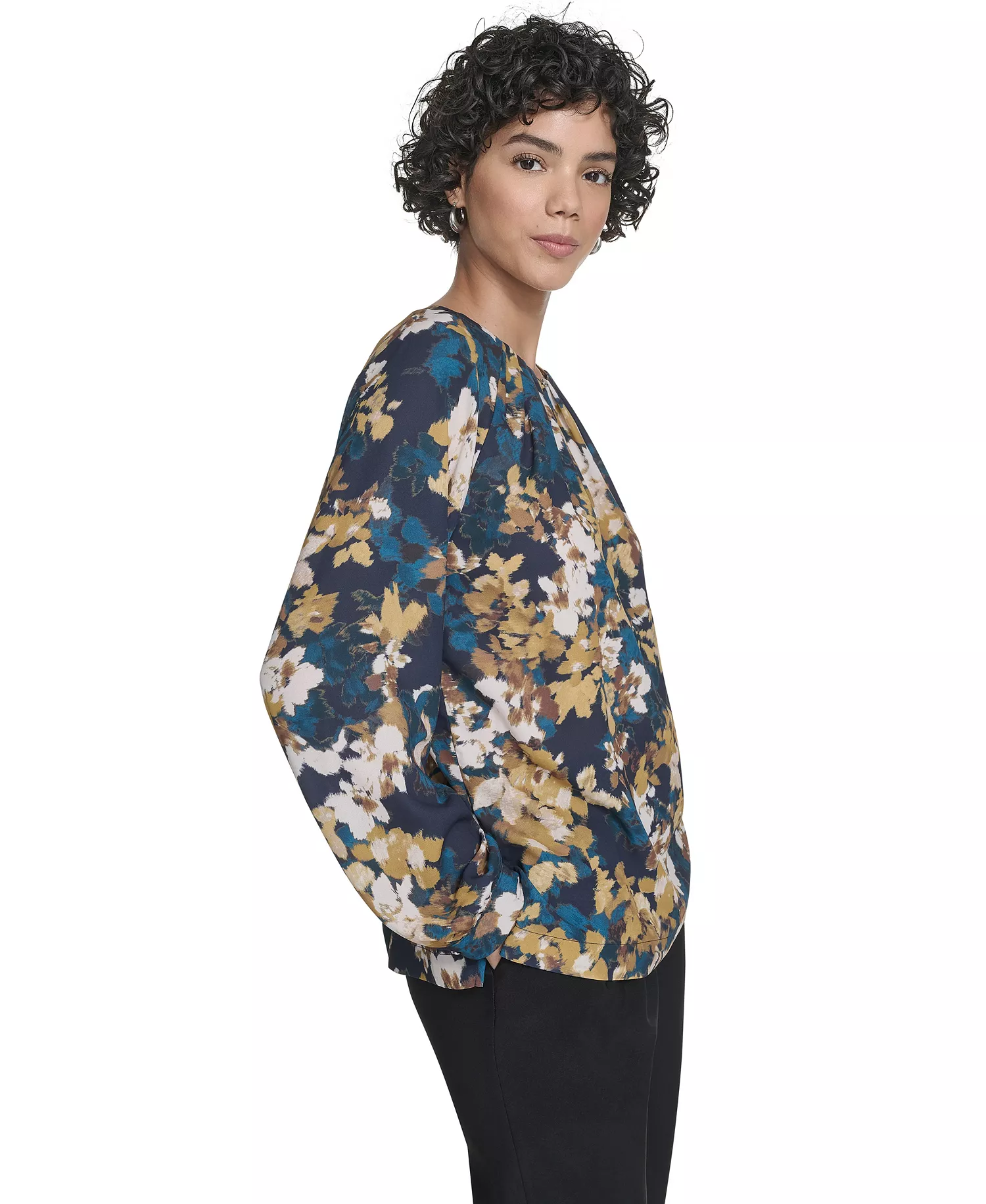 Women's Long Sleeve Keyhole Blouse - Navy Multi - XS