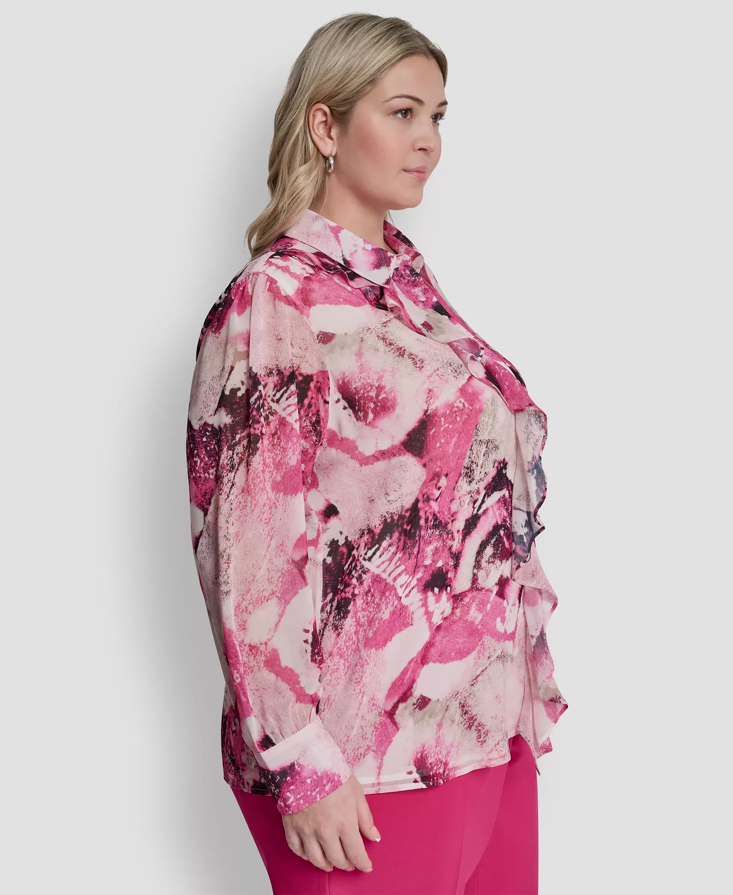 Plus Size Printed Button-Front Top - Hot Pink/Pebble Multi - 1X