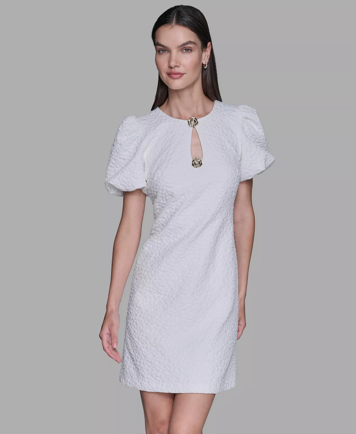 Women's Puff-Sleeve Floral Dress - Soft White - 10