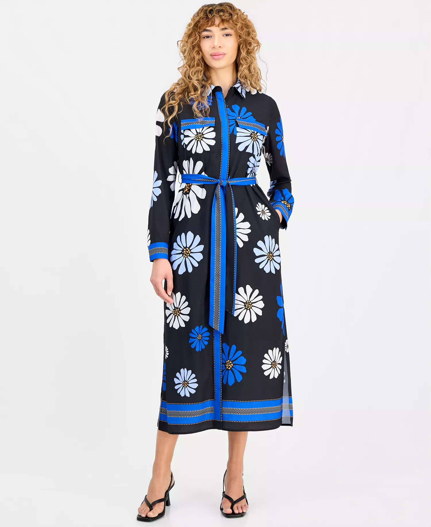 Women's Mixed-Print Tie-Waist Maxi Dress - Colbat Daisy Print - L