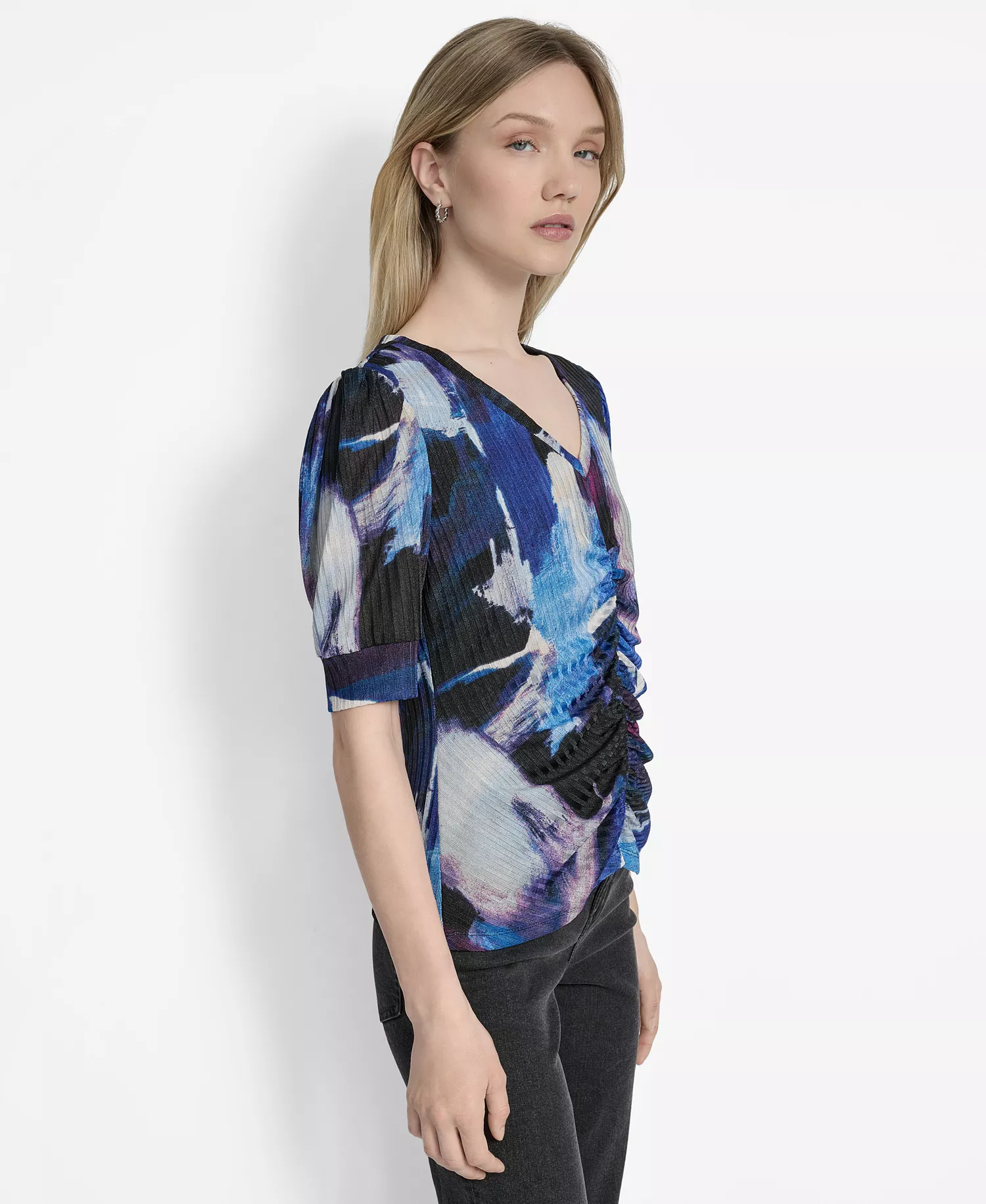Women's Printed Puff-Sleeve Ruched Top - Blue Brush Stroke - S