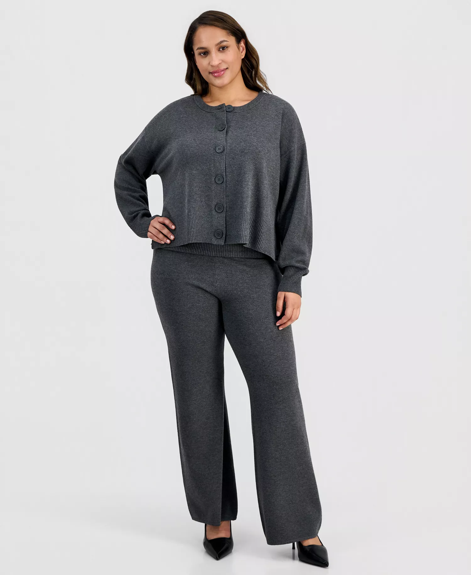 Trendy Plus Size Button-Front Long-Sleeve Cardigan, Macy's Exclusive  - City Grey - 1X