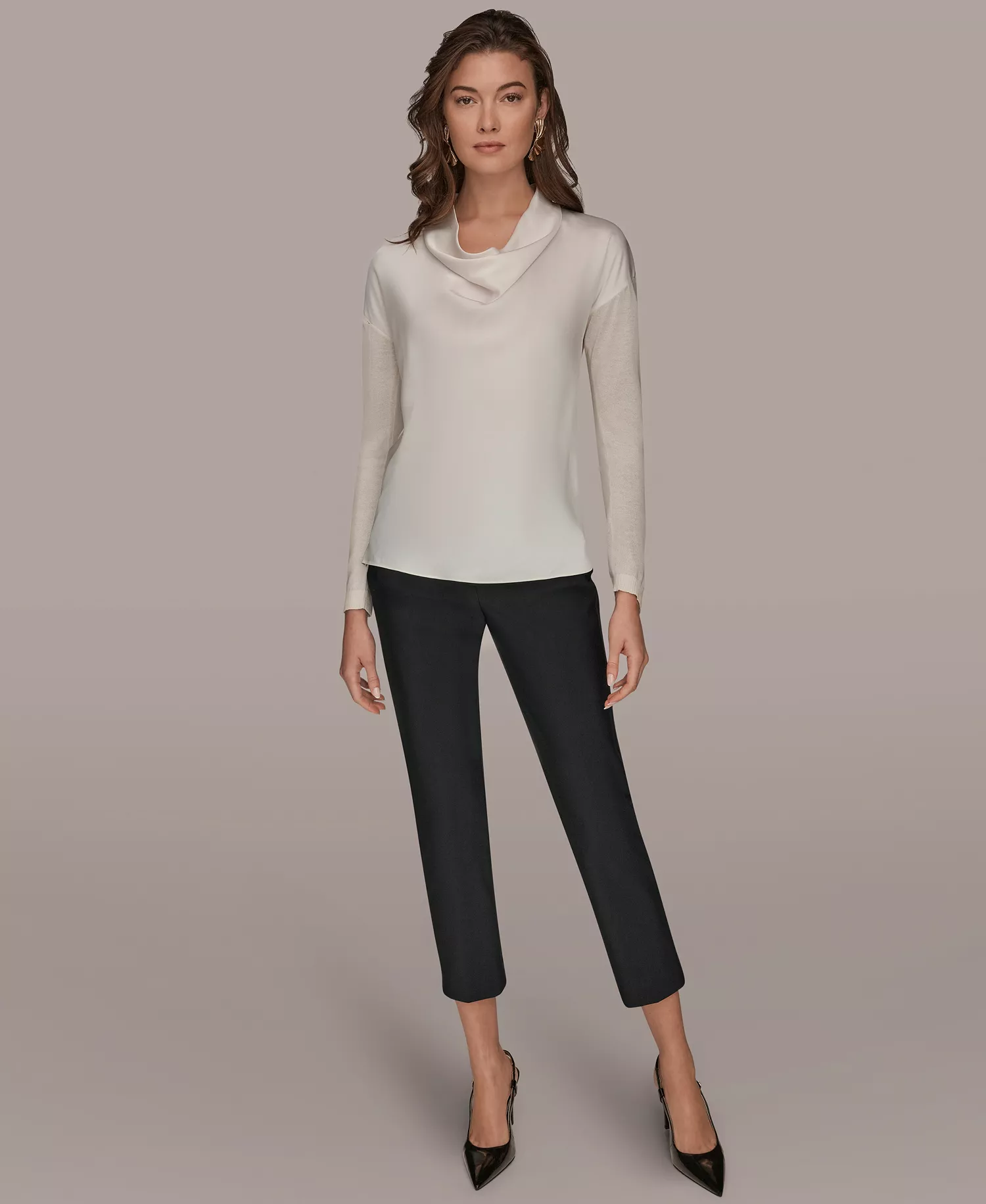 Women's Long-Sleeve Mix Media Cowl Front Top - Cream - L