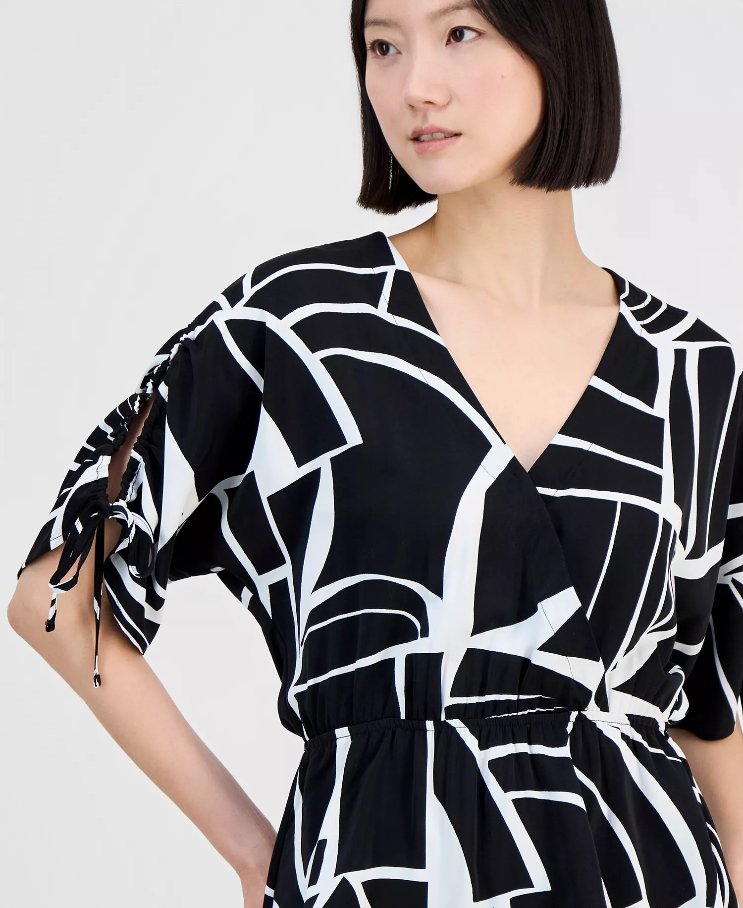 Women's Elbow Sleeve Printed Faux Wrap Top, Macy's Exclusive - Fae Geo Bl - L