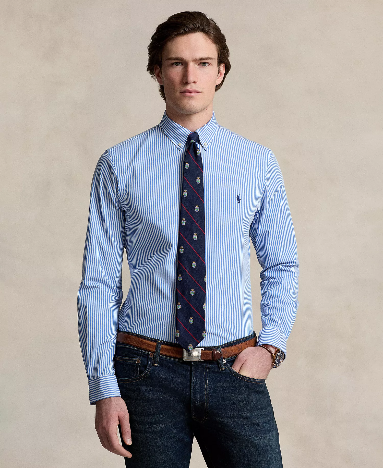 Men's Slim-Fit Striped Stretch Shirt - Light Blue/White - 2XL