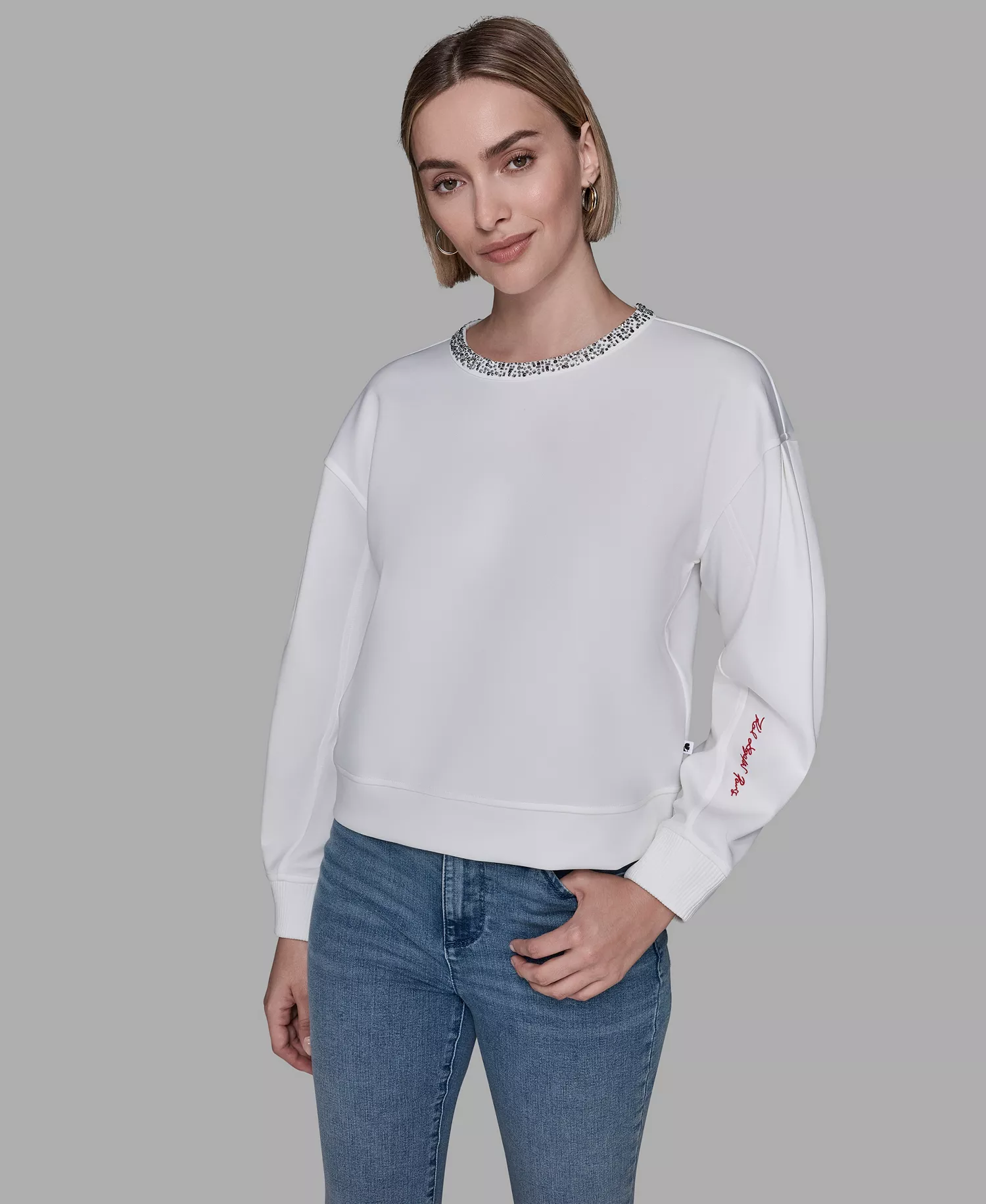 Women's Crewneck Crystal Neck Top - Soft White - L