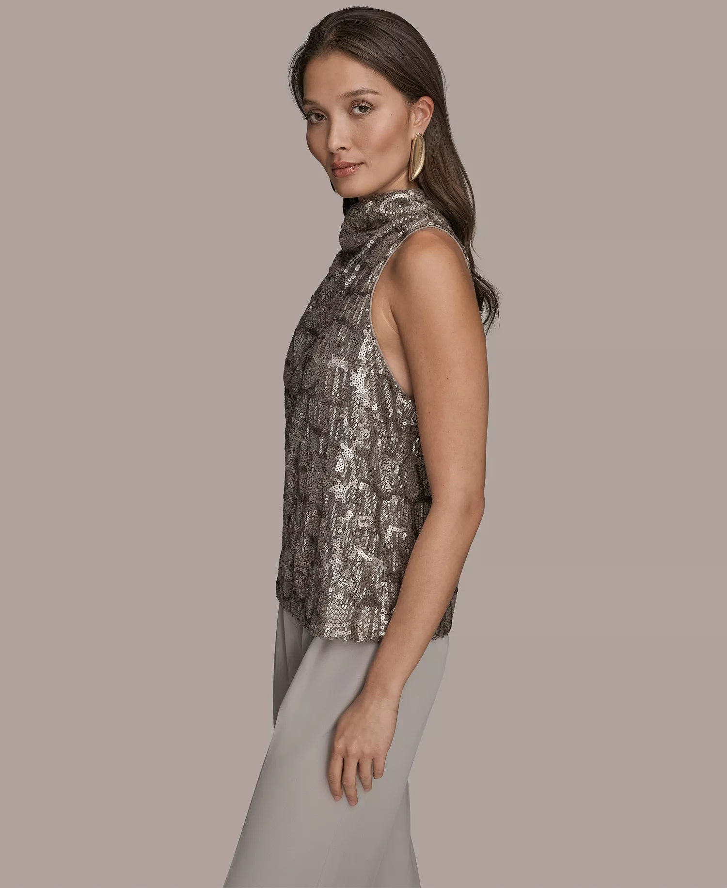 Women's Sequined Cowl Neck Top - Antique Silver - L