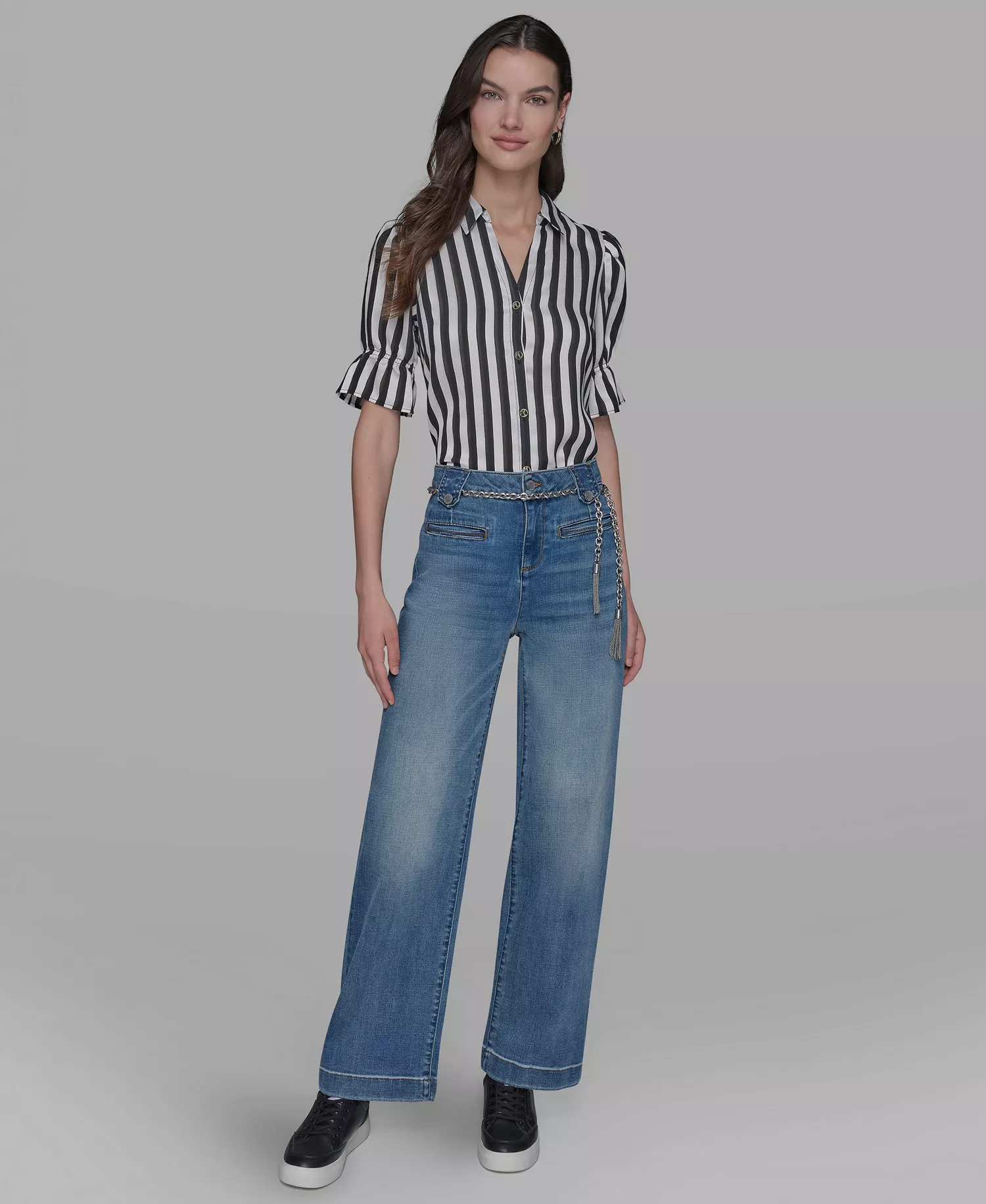 Petite Chain Belt High Rise Wide Leg Jeans - Sapphire Blue - 12P