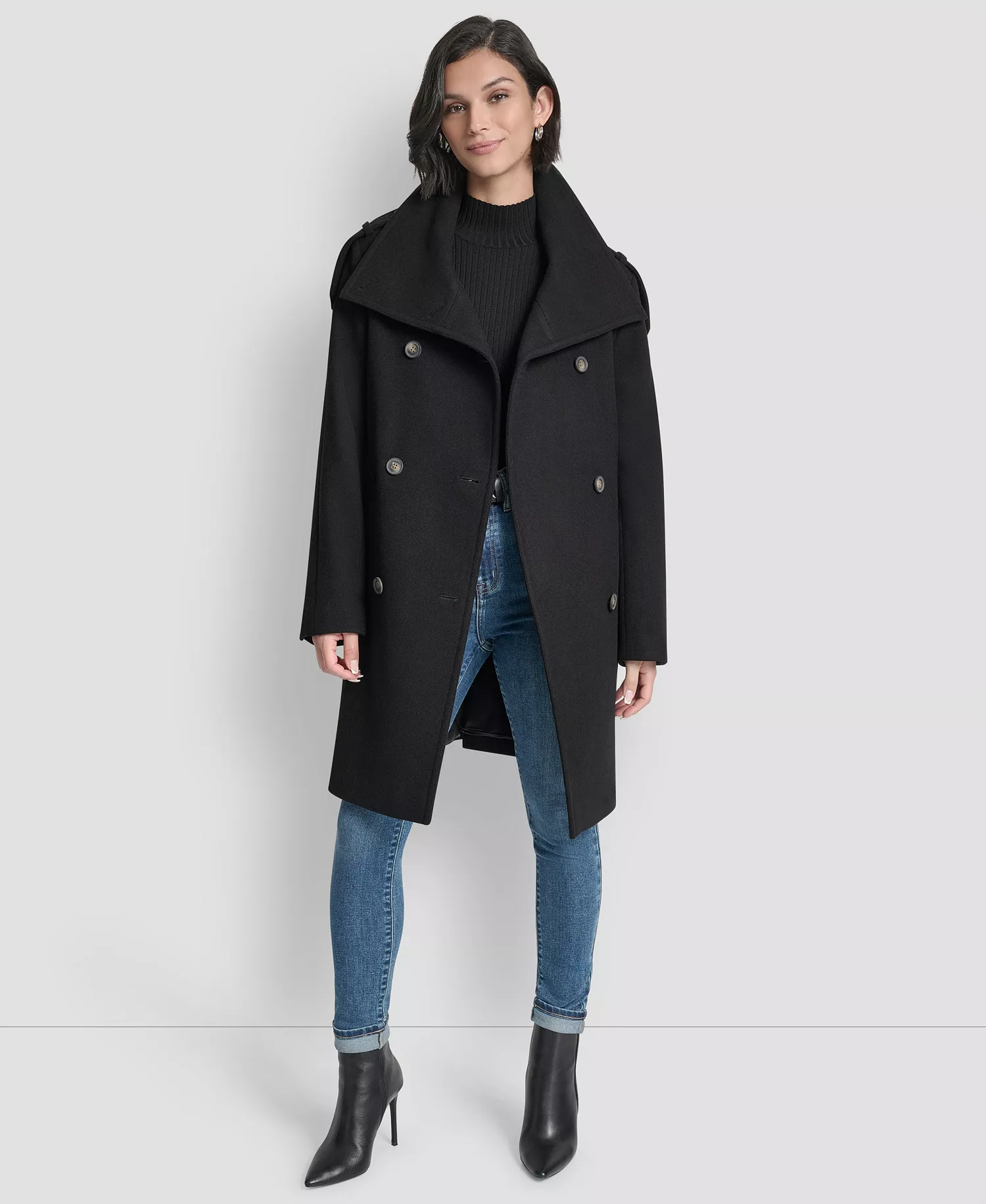 Women's Double-Breasted Funnel Neck Military Coat - Black - L