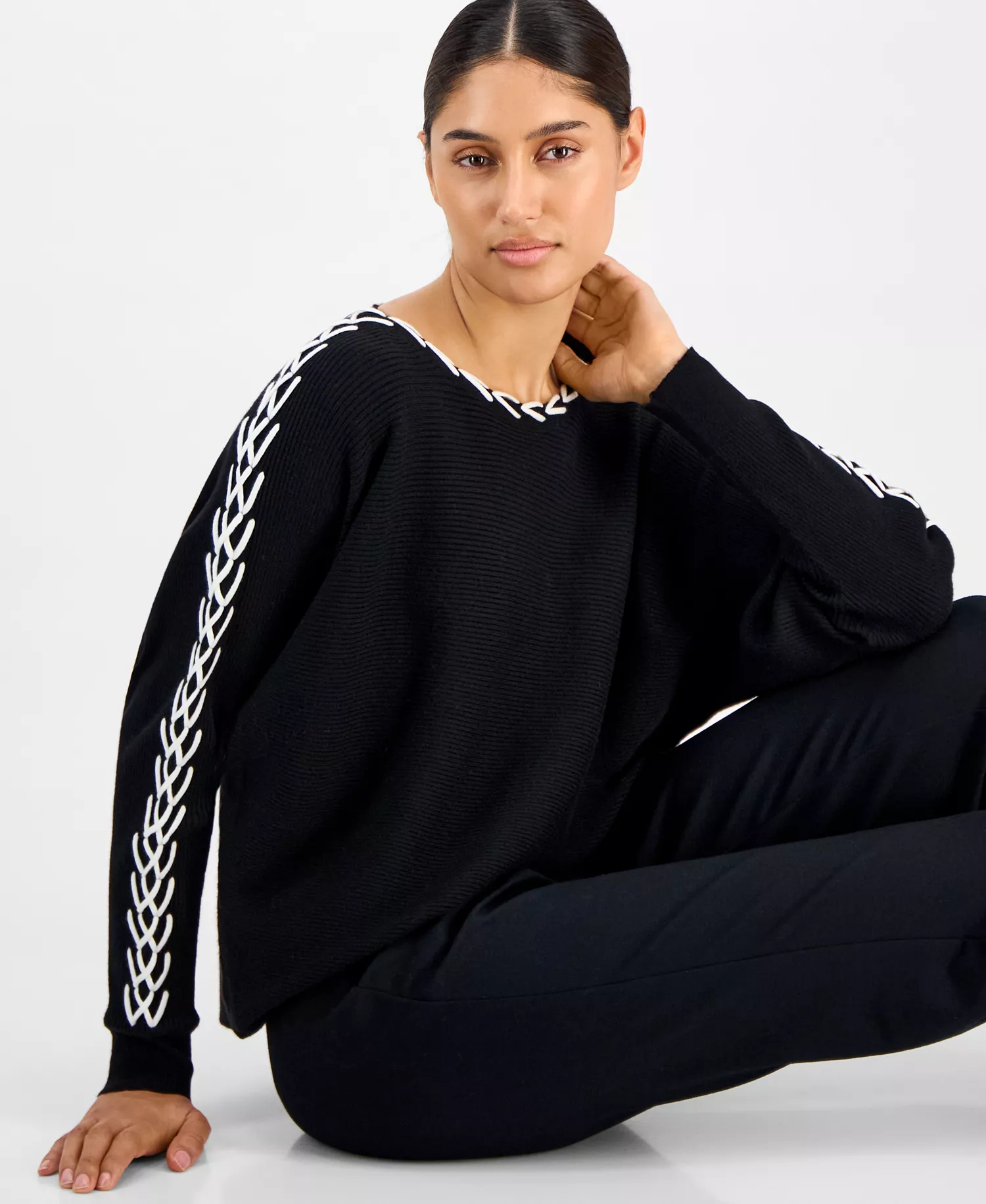 Women's Ribbed Dolman-Sleeve Sweater - Black/white - L