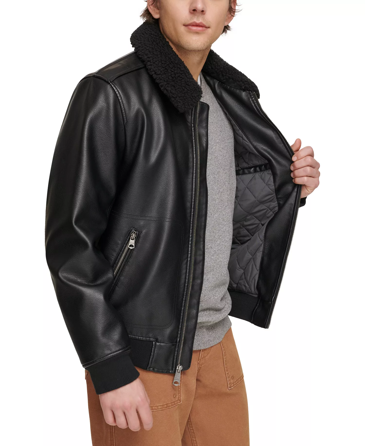 Men's Sherpa Collar Faux Leather Bomber Jacket - Black - 2XL