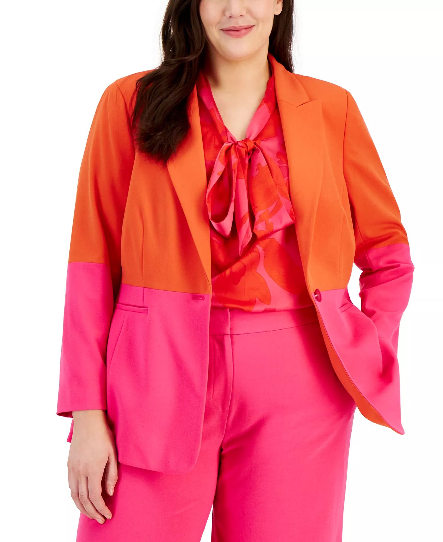 Plus Size Color-Blocked Boyfriend Blazer, Printed Blouse & Wide-Leg Pants - Hot Pink/Tomato - 24W