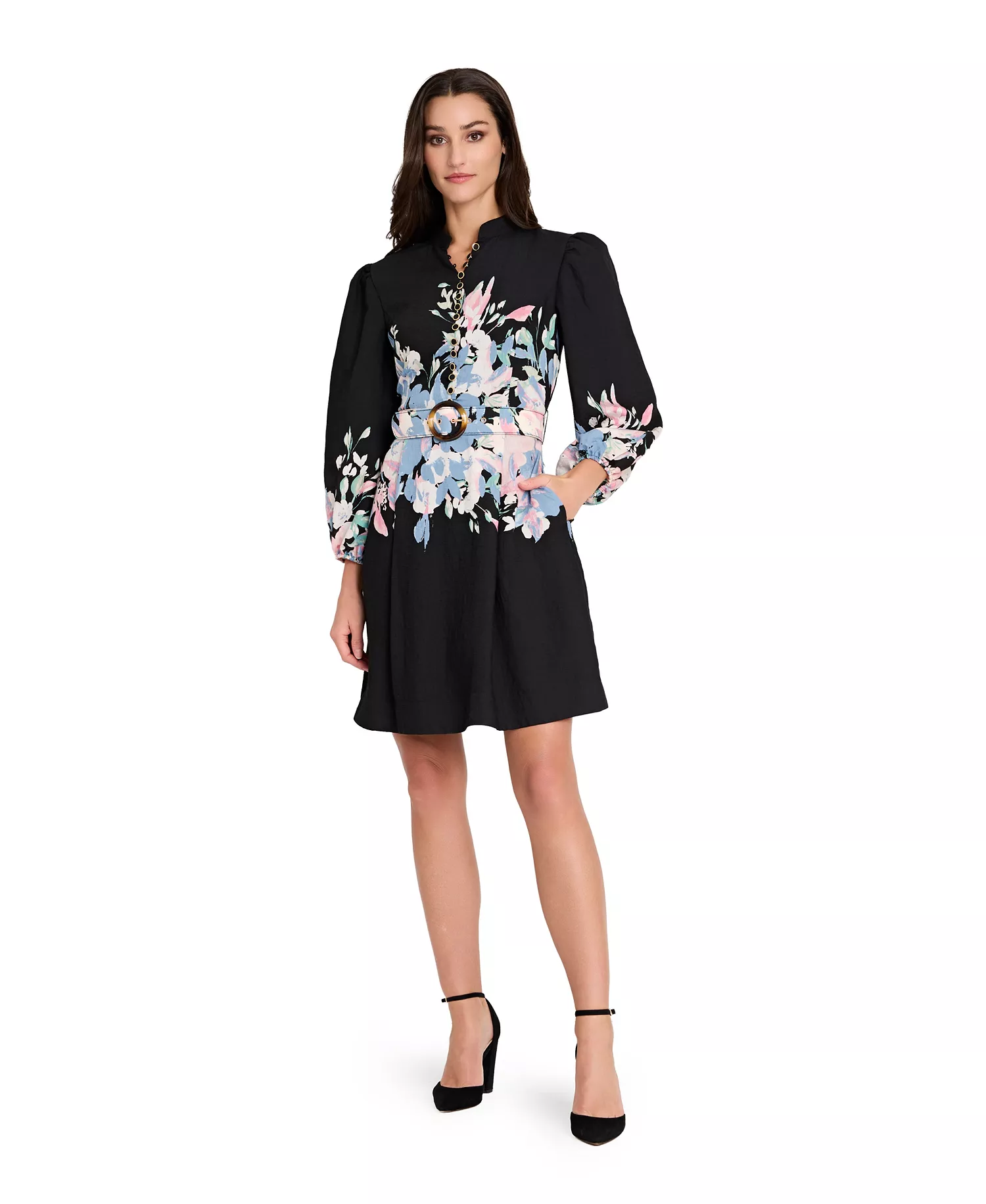 Women's Collared Knee Length Dress - Black Multi - 0P