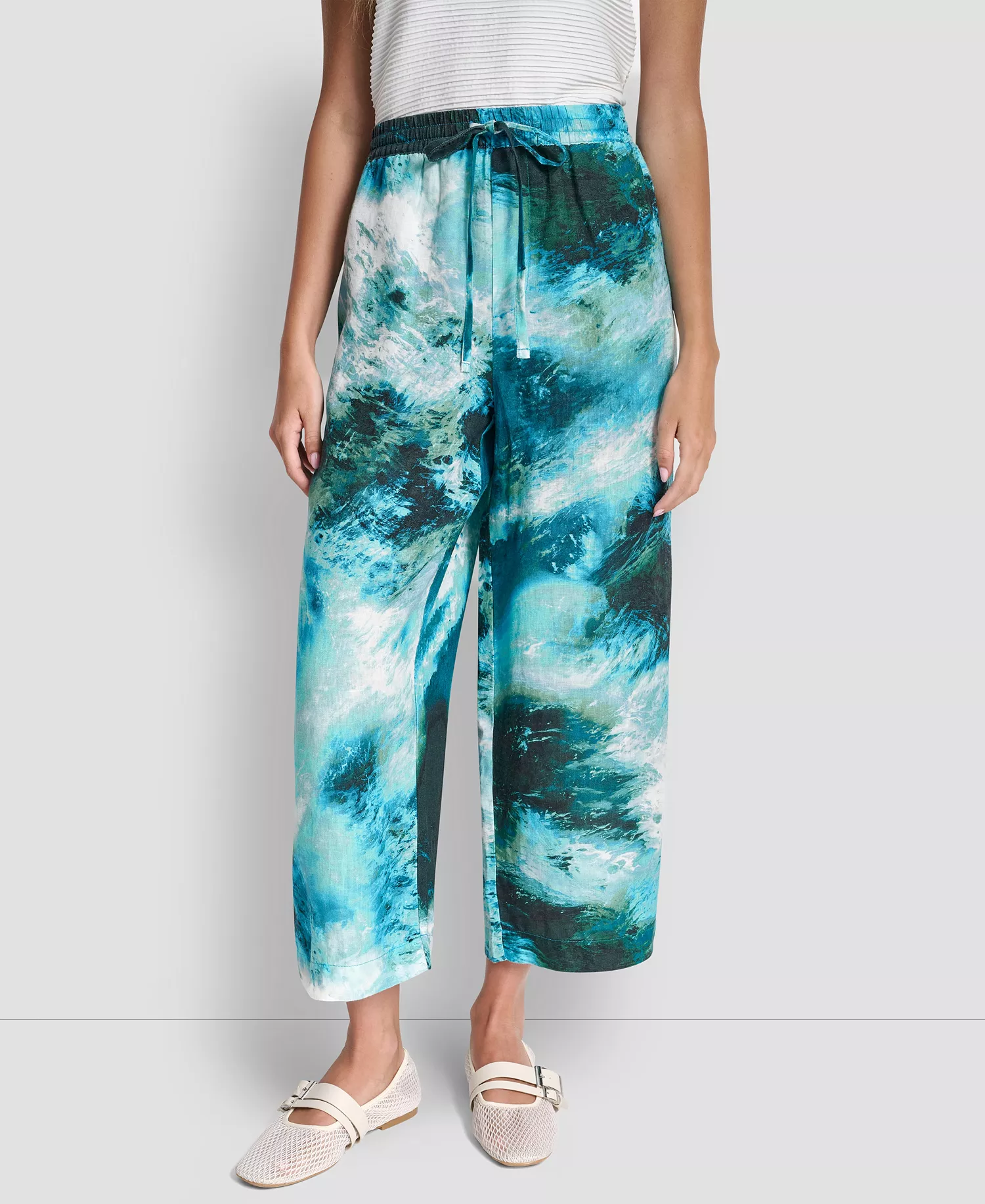 Women's Mid Rise Printed Pull-On Pants - Tidal Brushstroke - L