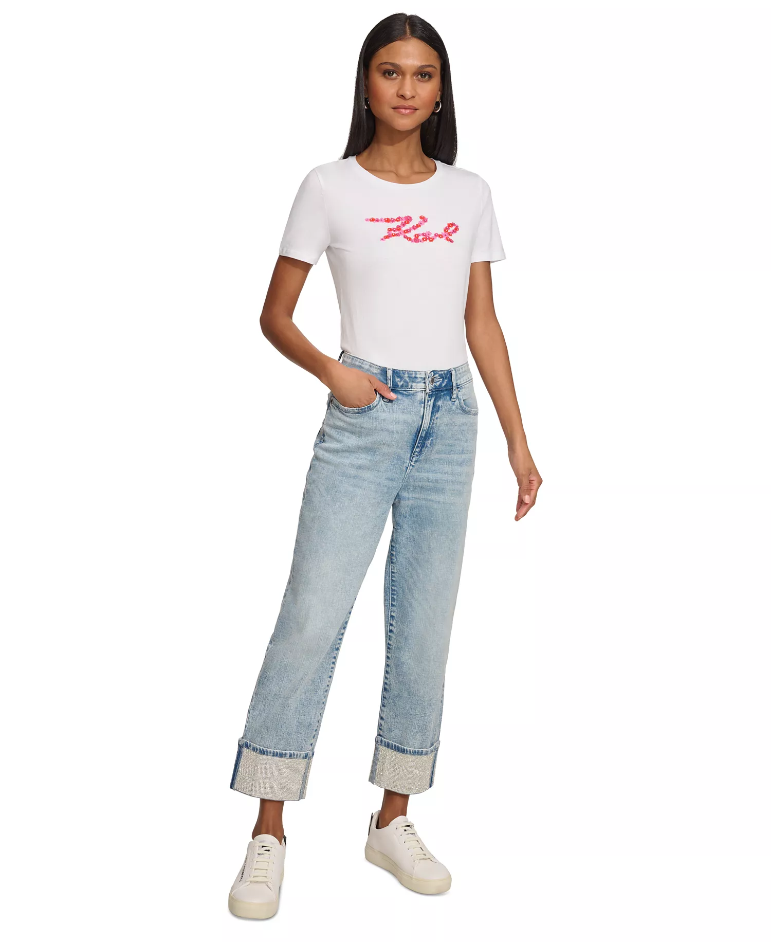 Women's High-Rise Crystal-Cuff Jeans  - Ice Blue - 0