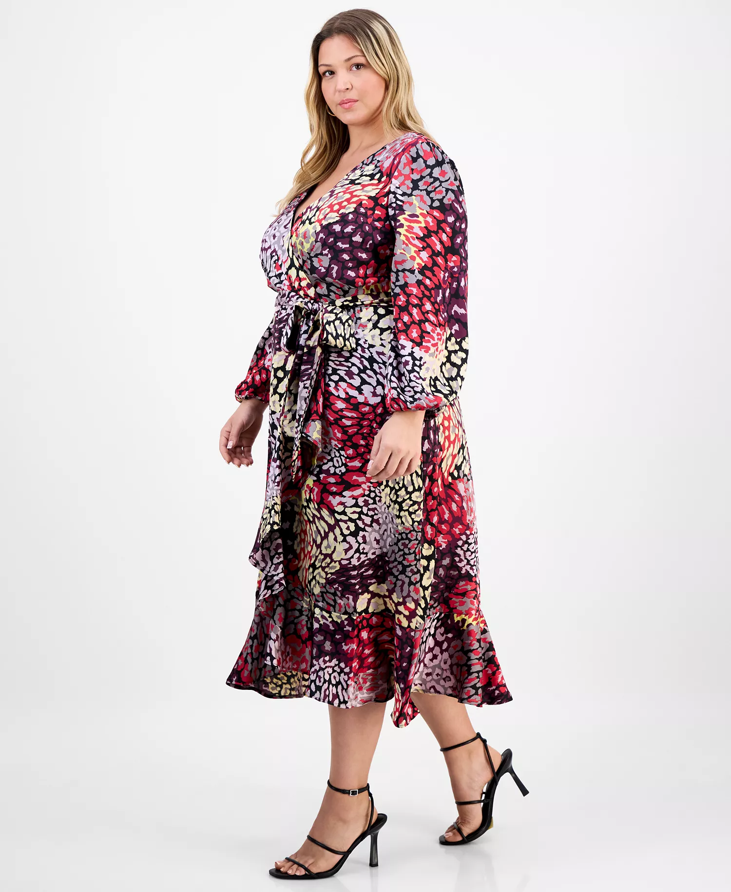 Plus Size Ruffle Hem Printed Faux-Wrap Dress - Multi Leopard - 14W