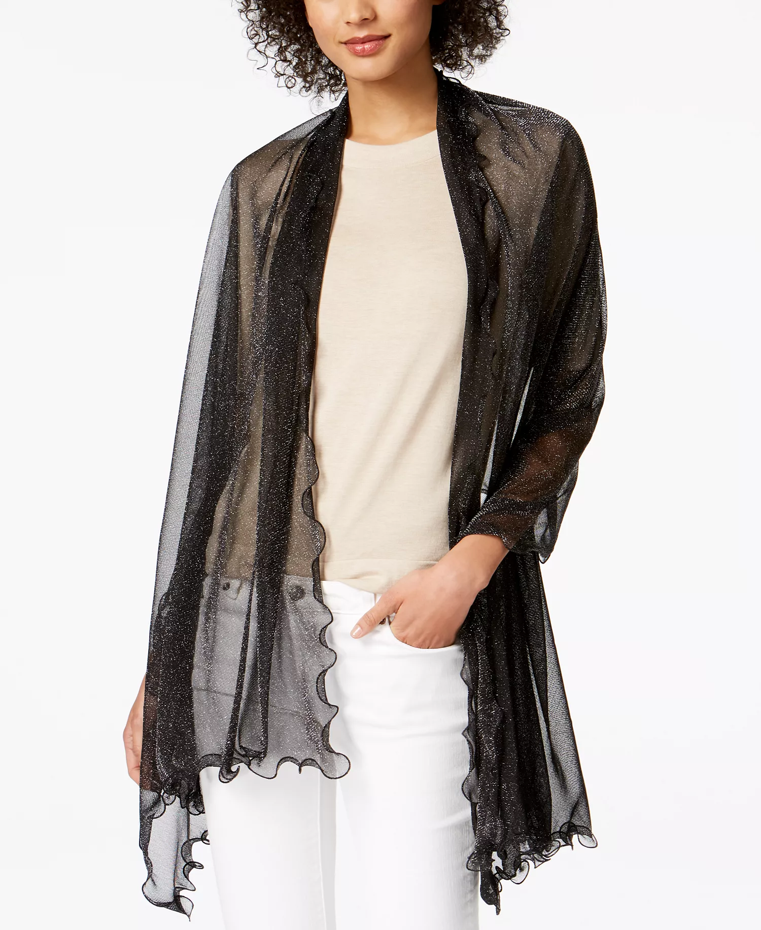 Ruffle-Edge Metallic Evening Wrap, Created for Macy's - Black - ONE SIZE