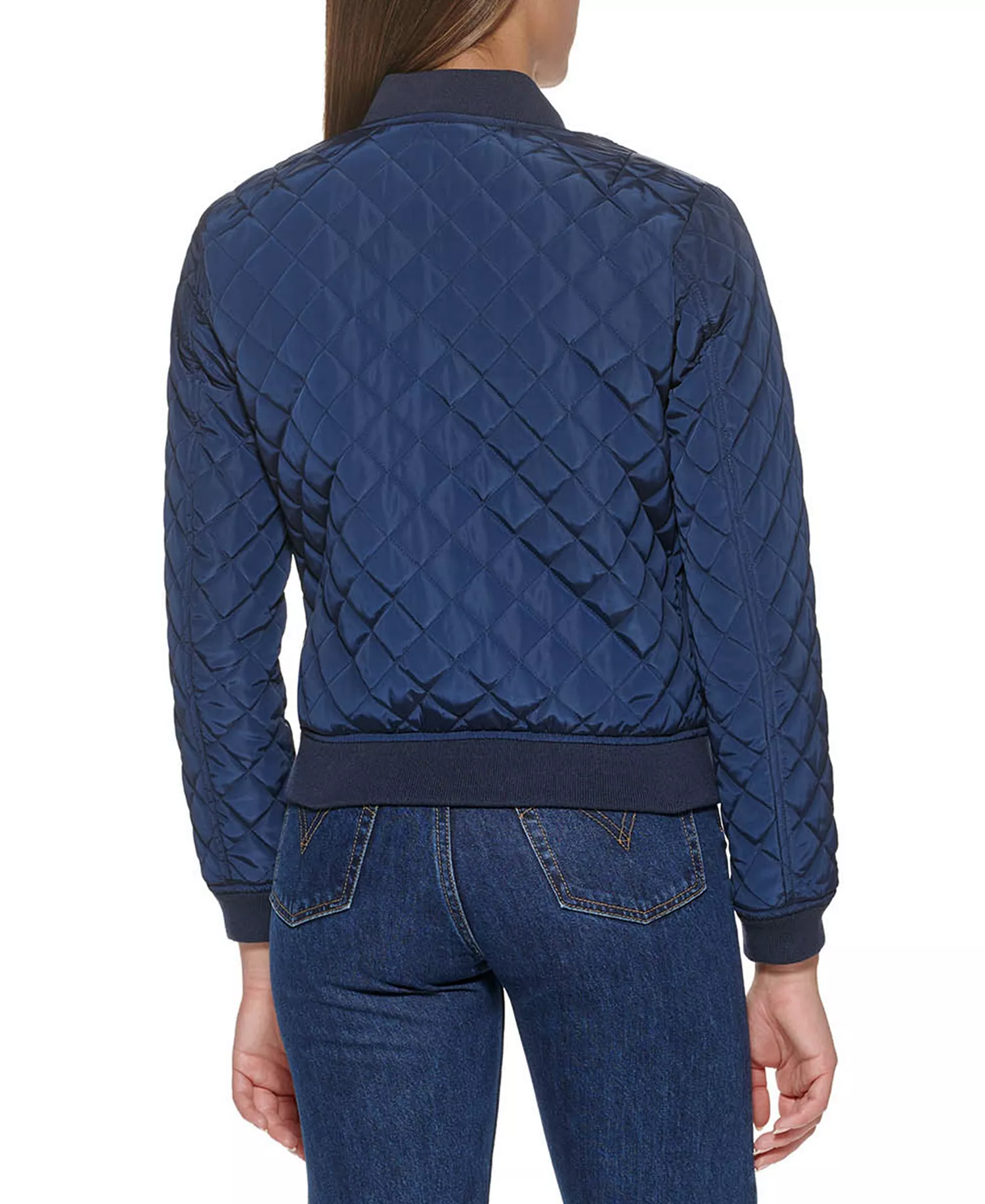 Women's Diamond Quilted Casual Bomber Jacket - Navy - XS