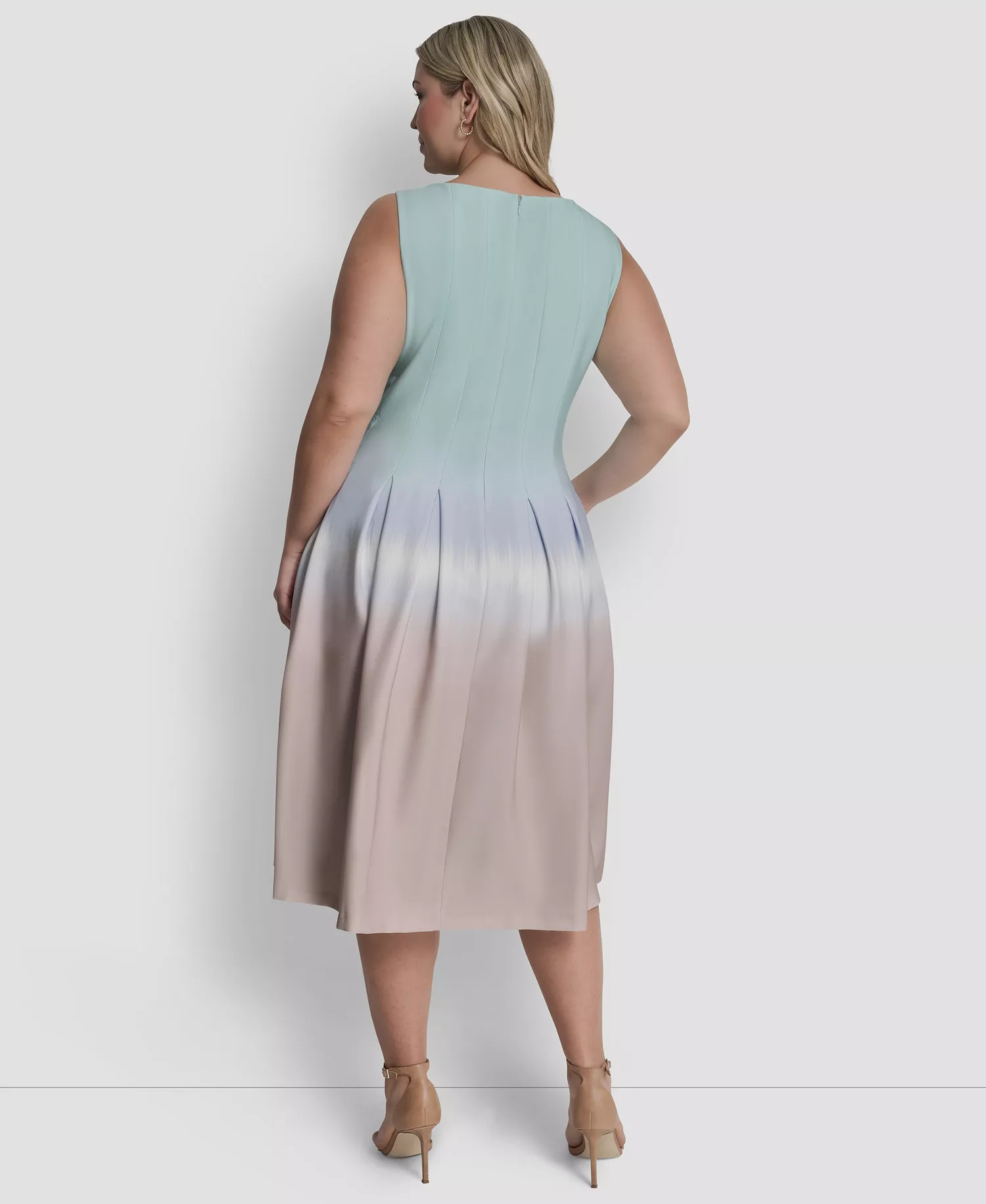 Plus Size Pleated Jewel Neck Sleeveless Midi Dress - Bleached Aqua Multi - 14W