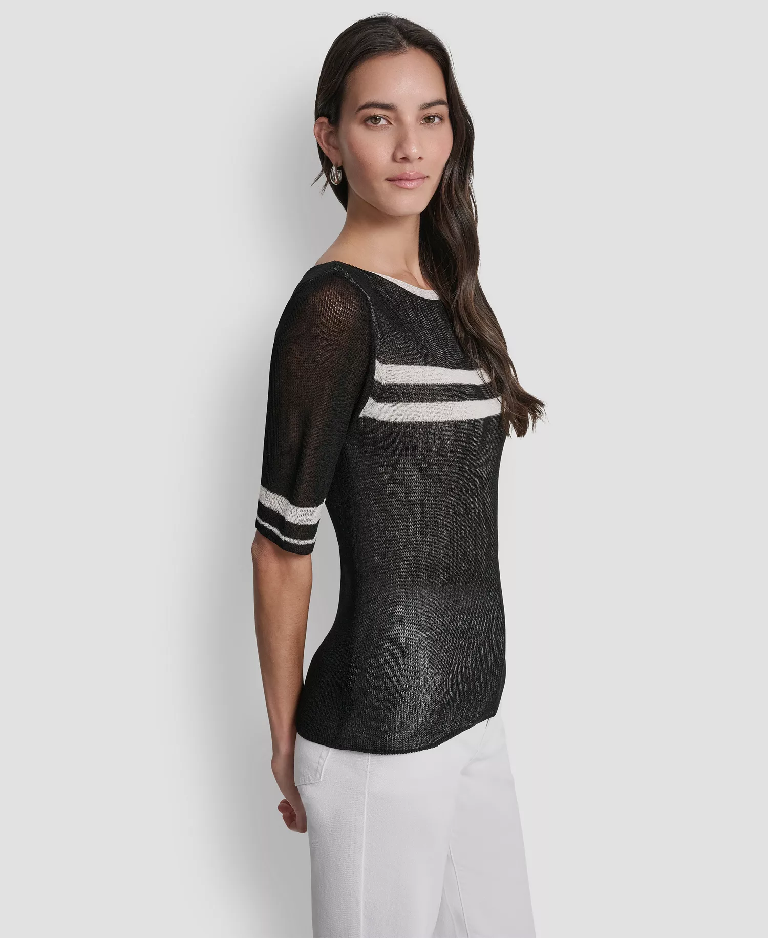 Women's Boat Neck Elbow-Sleeve Stripe Sweater - Black/ivory - L