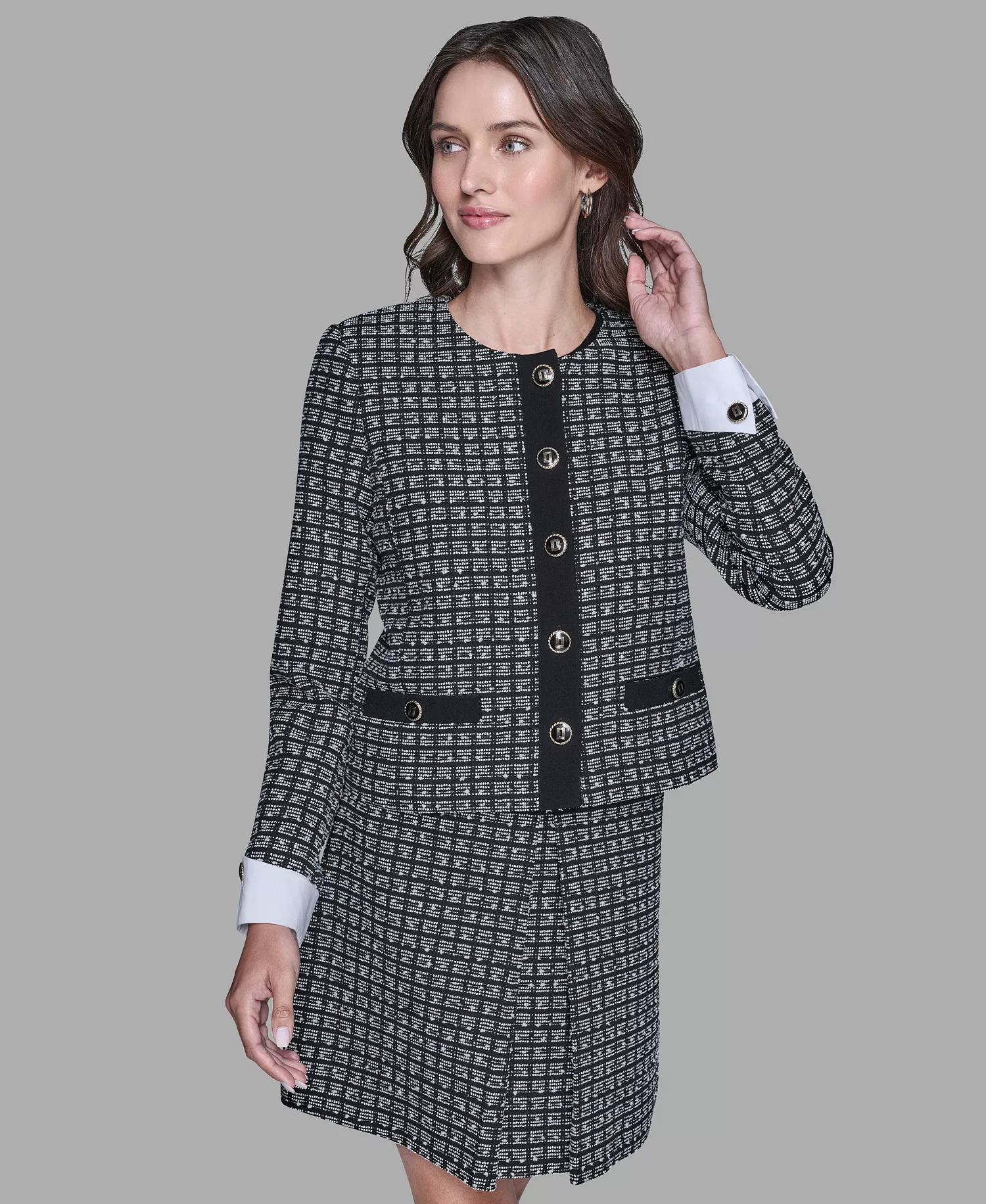 Women's Five-Button Cropped Tweed Jacket - Black/soft White - 0