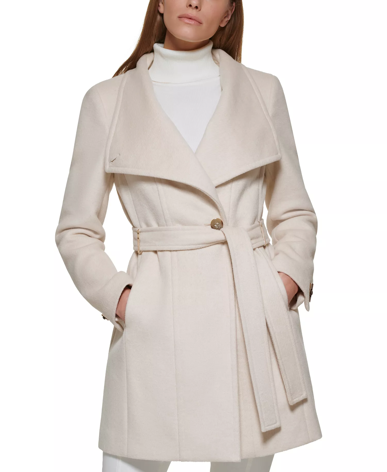 Women's Petite Asymmetrical Belted Wrap Coat, Created for Macy's - Nude - PS