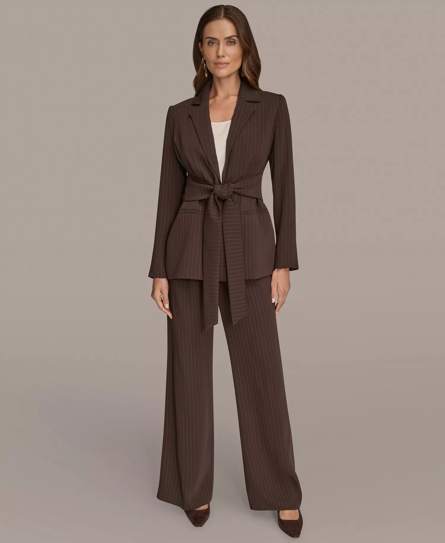 Women's Notch Lapel Collar Pinstripe Tie-Waist Jacket - Chocolate Plum/Nolita - 12