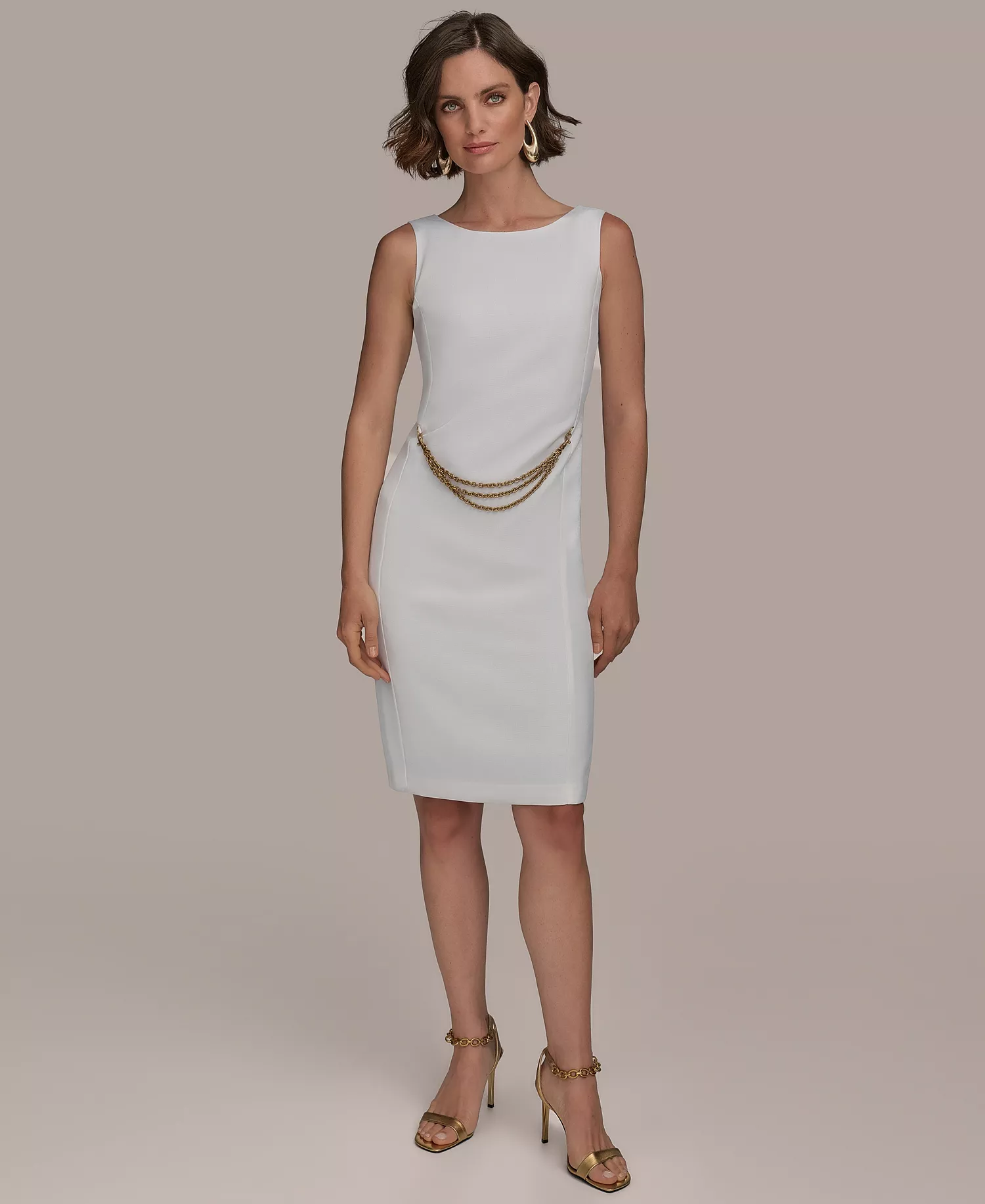 Women's Sleeveless Chain-Belt Sheath Dress - Cream - 10