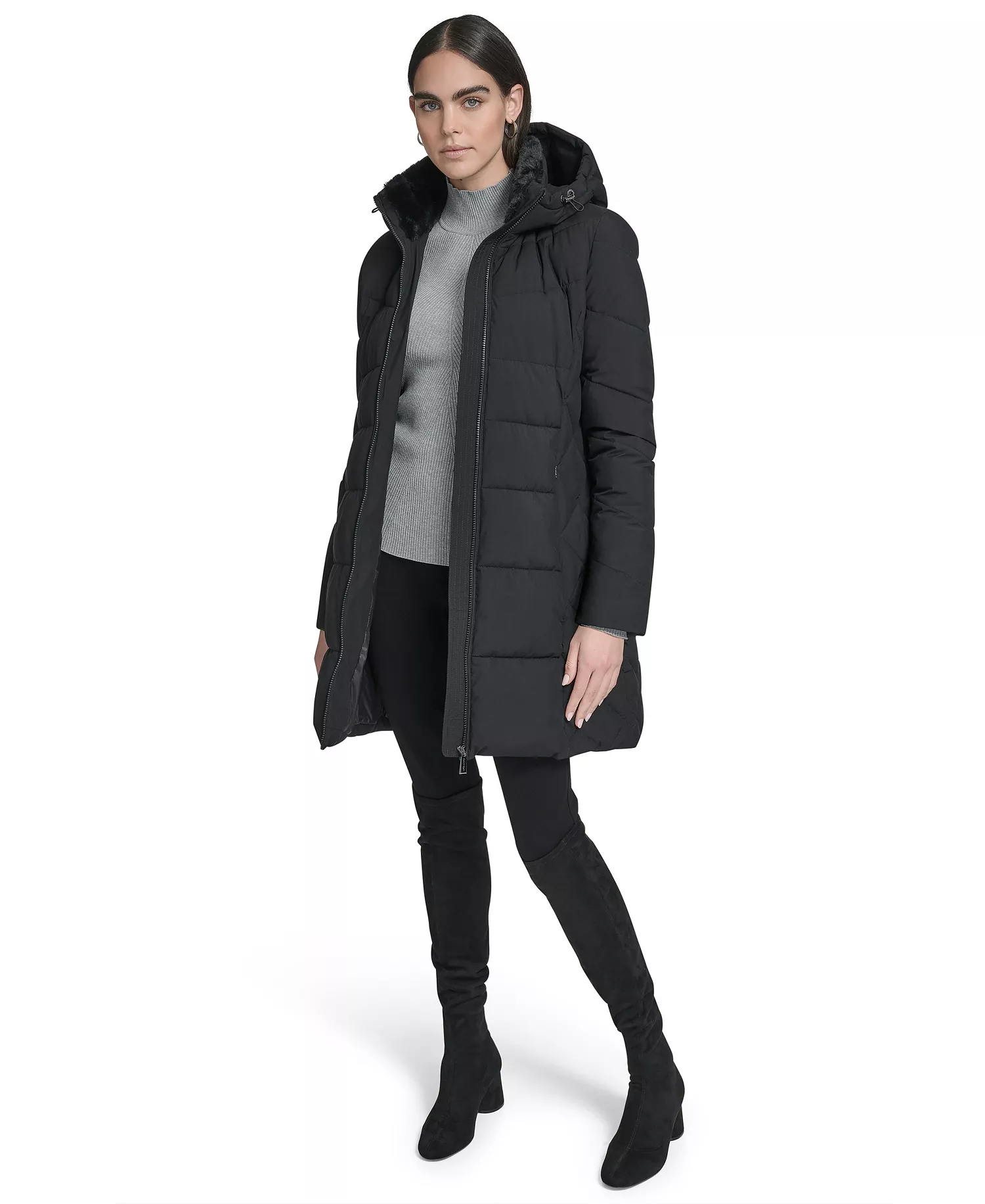 Women's Collar Hooded Puffer Coat - Black - L