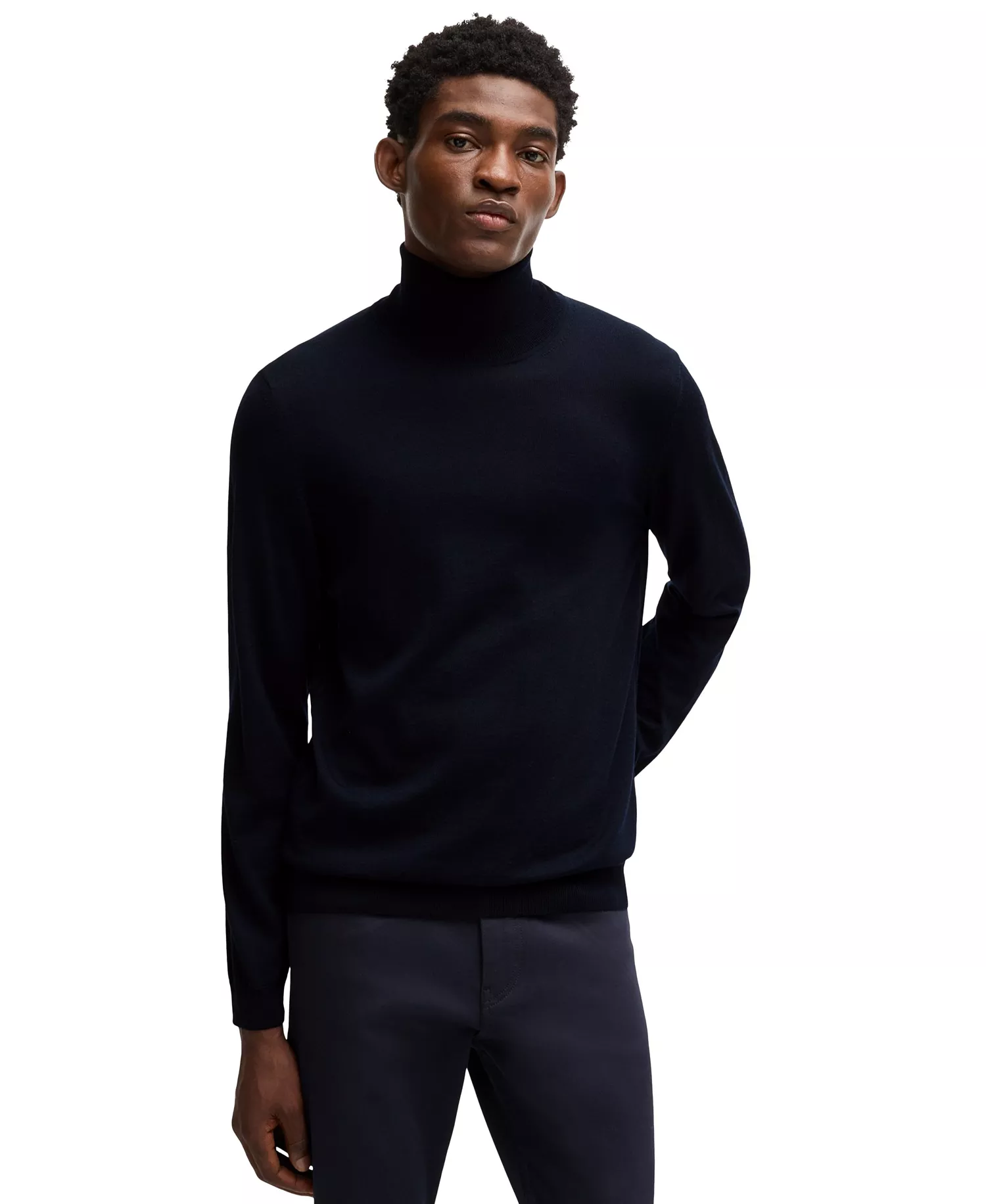 Men's Slim-Fit Rollneck Merino Wool Sweater - Dark Blue - 2XL