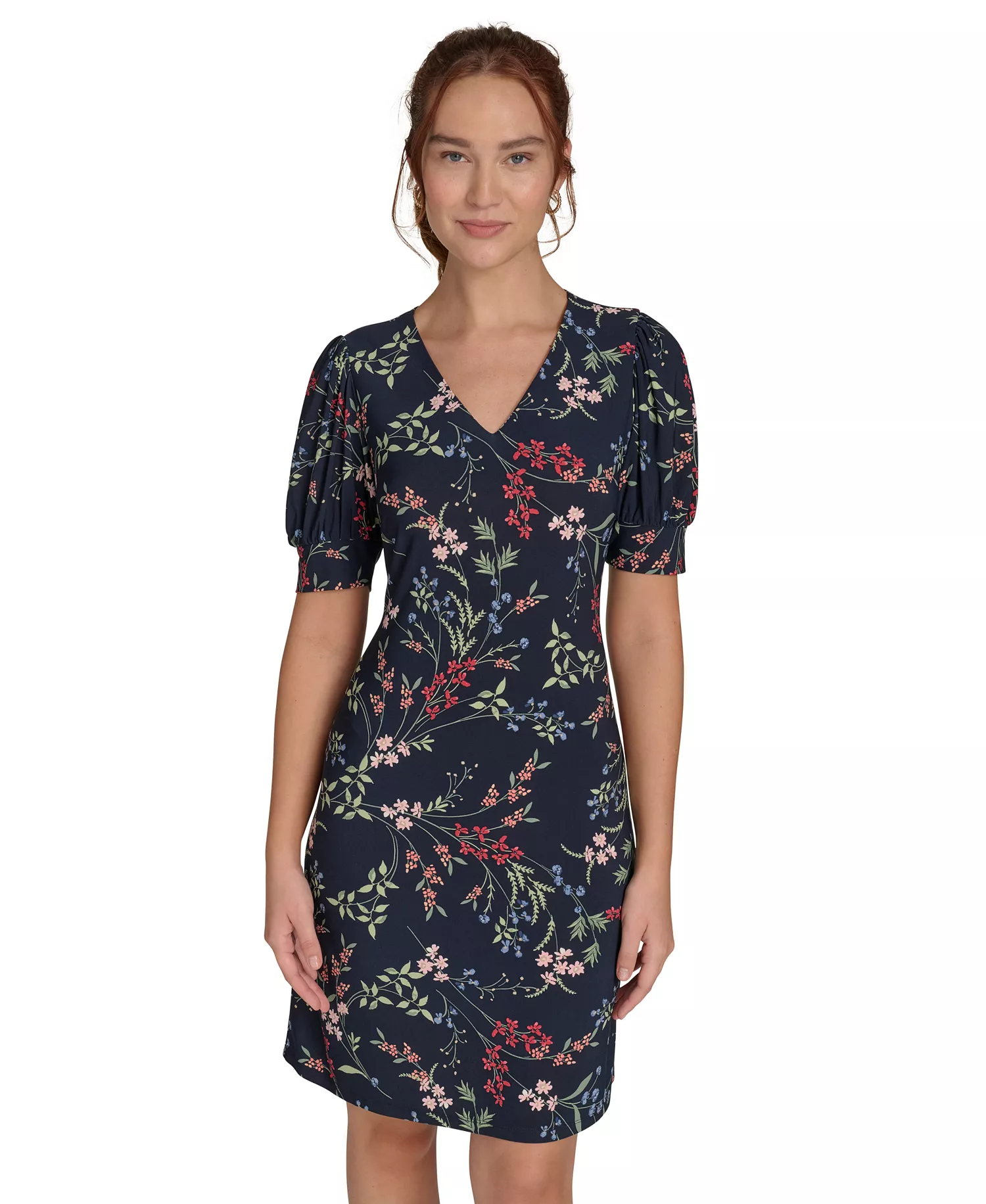 Women's Puffed-Sleeve Floral Shift Dress - Sky Captain Bloom - 10