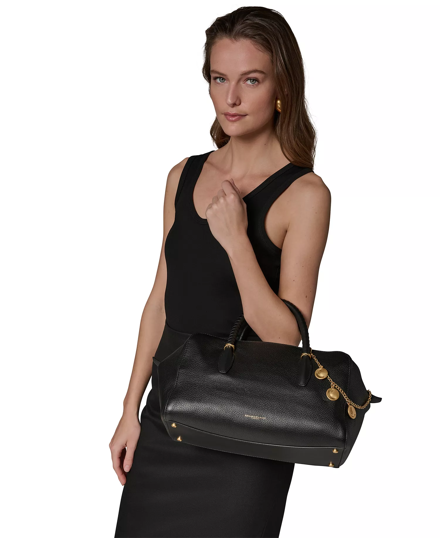 Chantilly Medium Leather Satchel Bag - Black/Gold - ONE SIZE