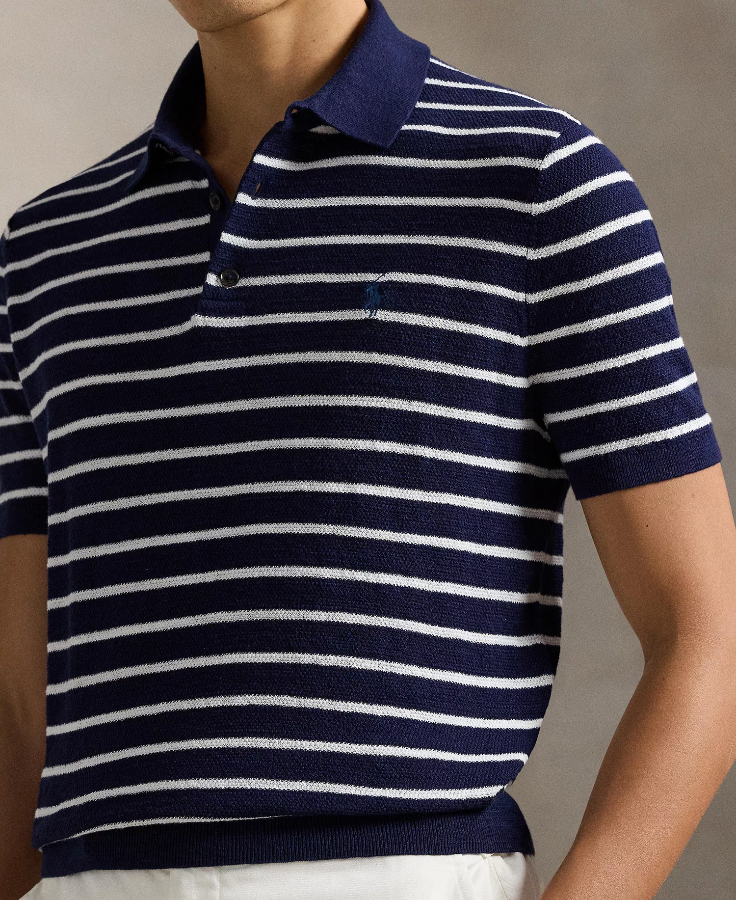 Men's Short-Sleeve Polo Collar Sweater - Bright Navy Combo - 2XL