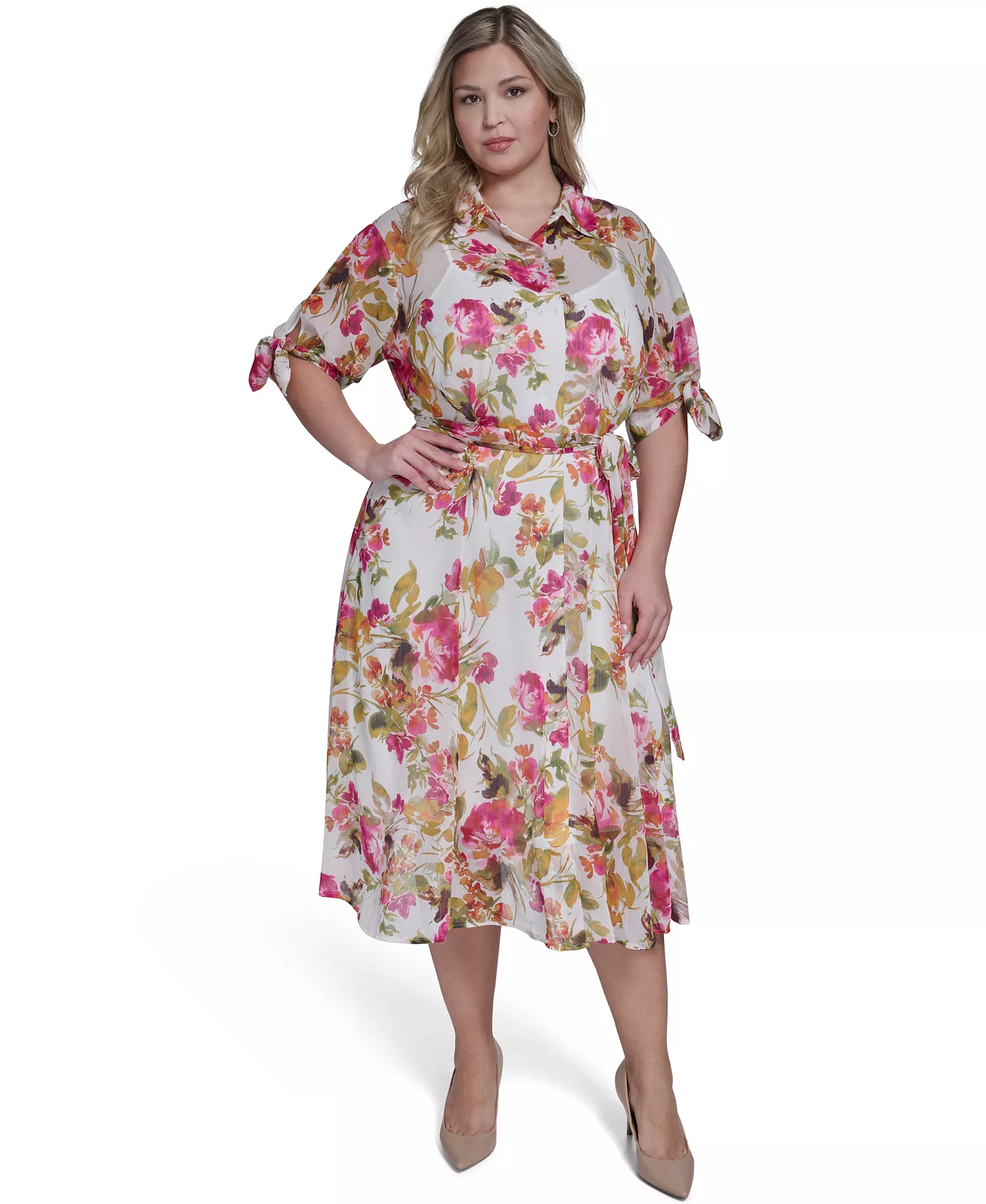 Plus Size Collared Shirt Dress - Berry Multi - 14W