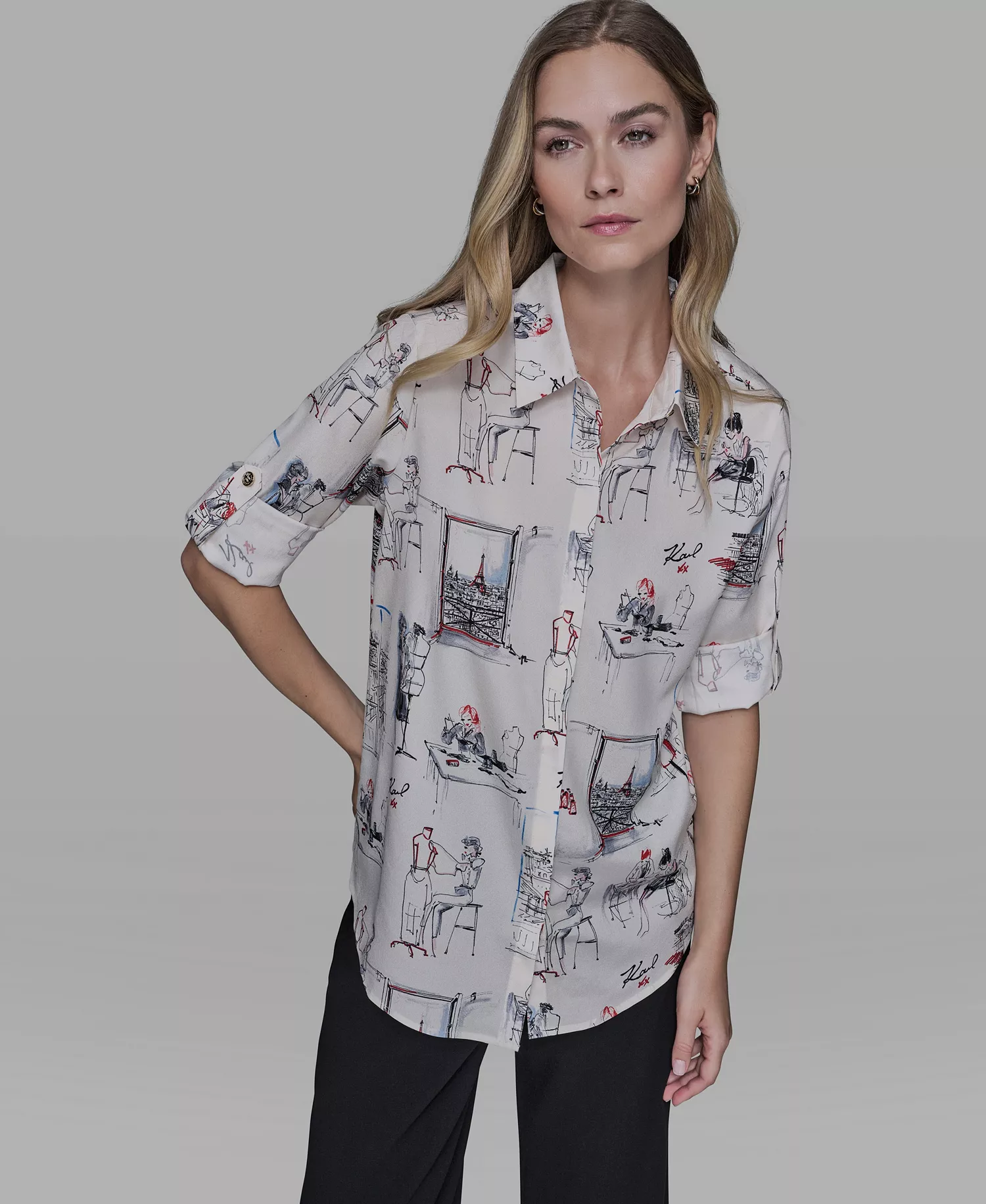 Women's Printed Button-Front Blouse - Bisque Multi - L