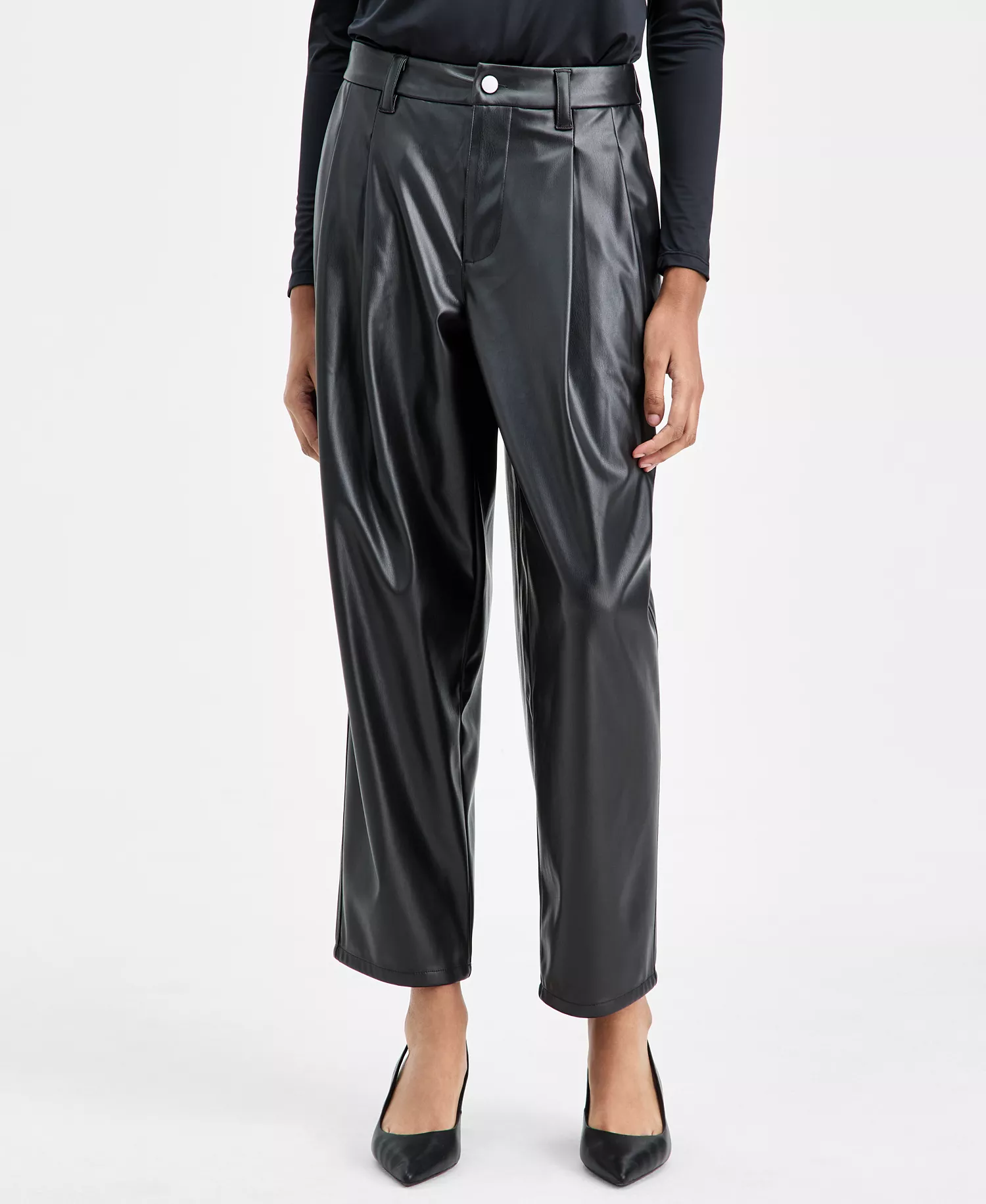 Women's Faux Leather Barrel-Leg Pants, Macy's Exclusive - Black - 0