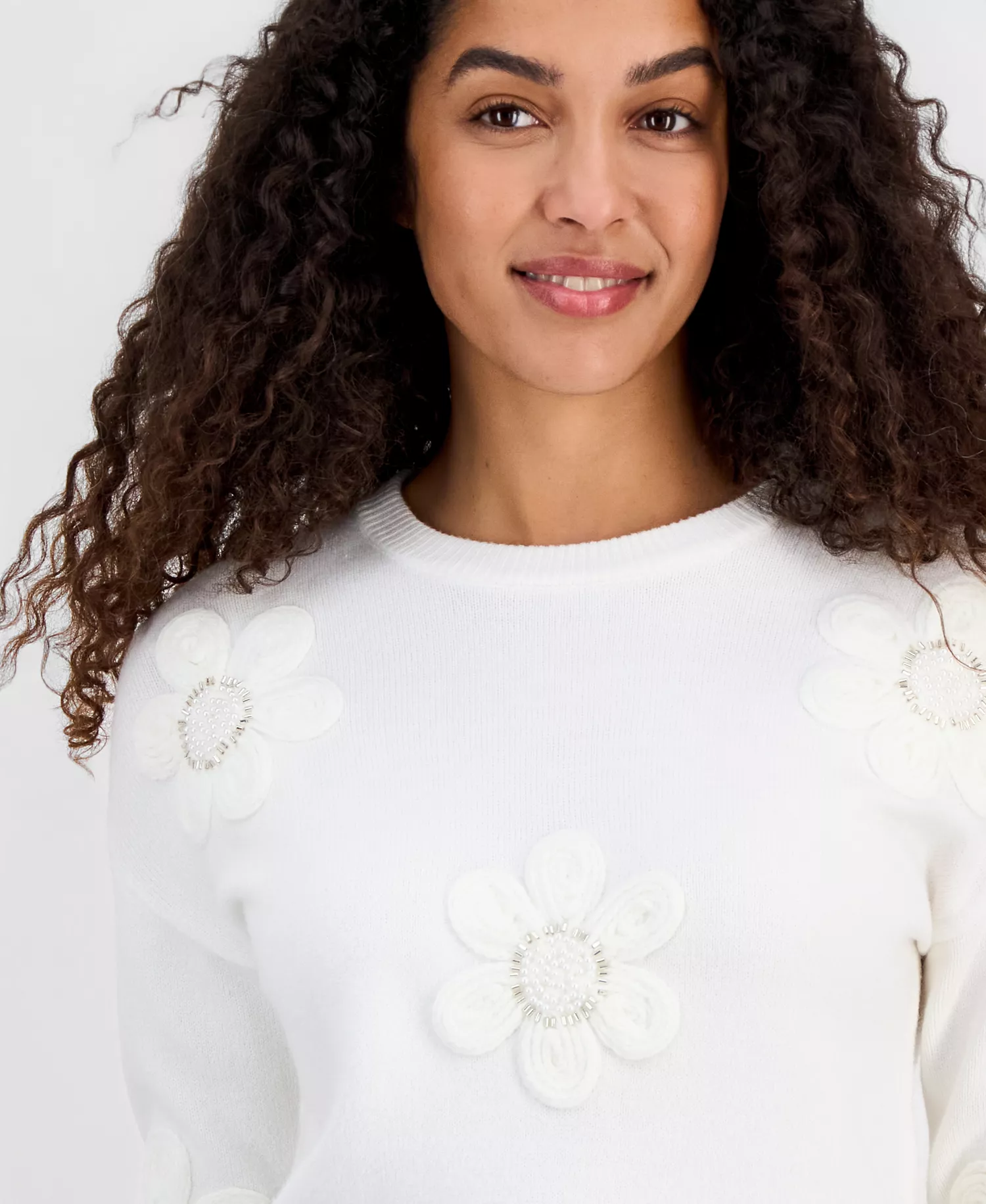 Women's Dimensional Flowers Crewneck Sweater - White Star - L