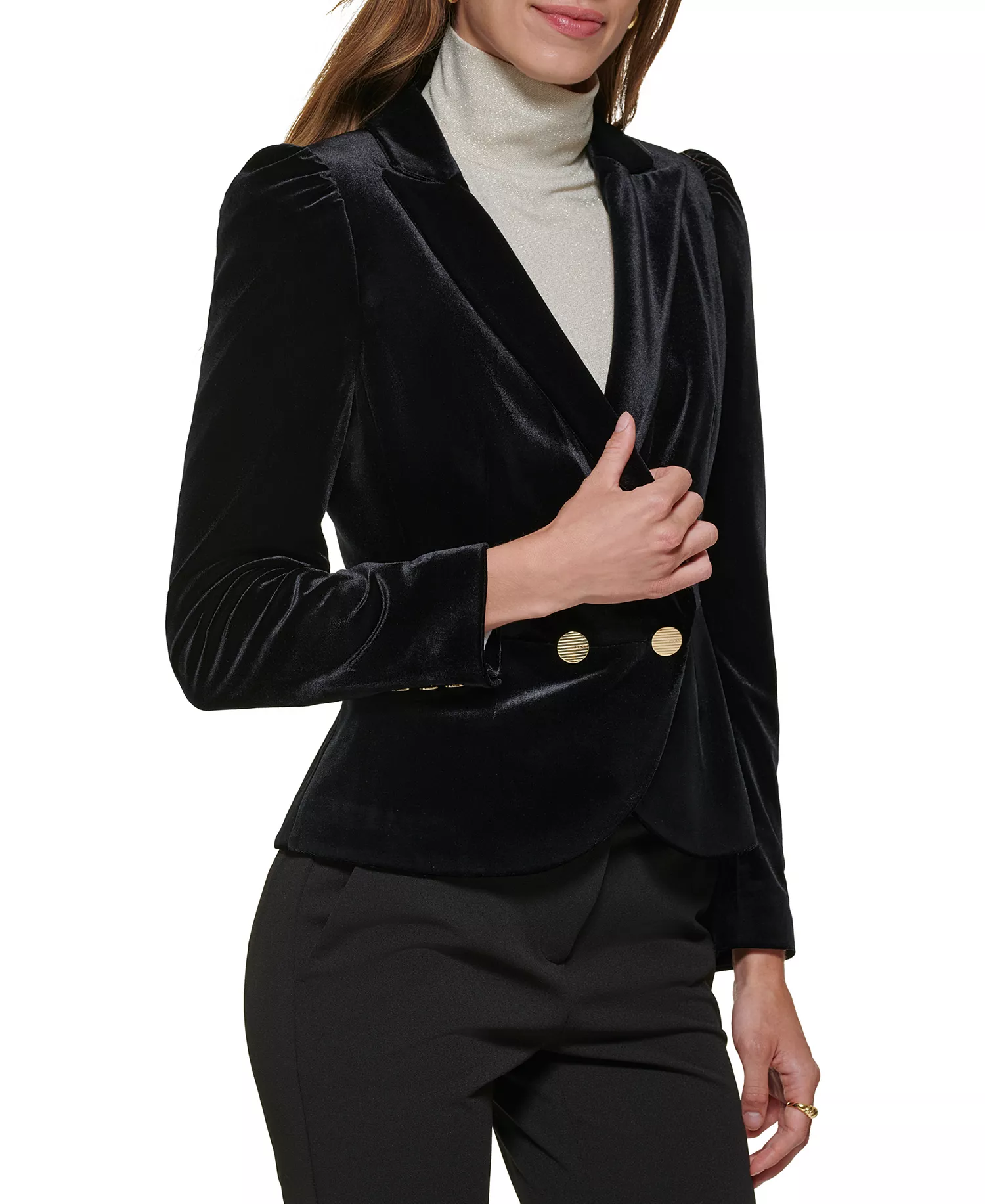 Petite Notch Collar Puff-Sleeve Velvet Jacket - Black - 14P