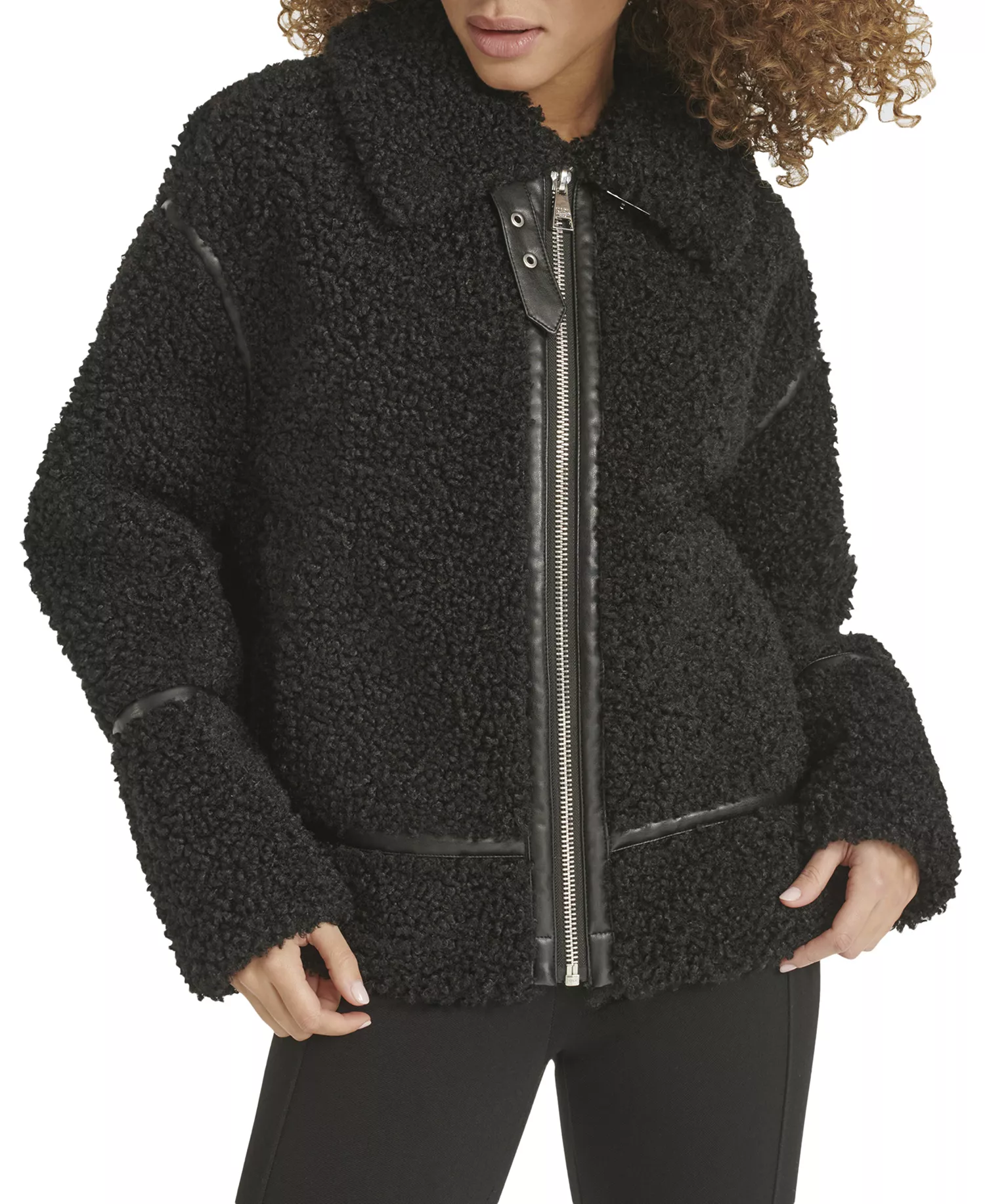 Women's Faux-Leather-Trim Teddy Moto Coat - Black - L