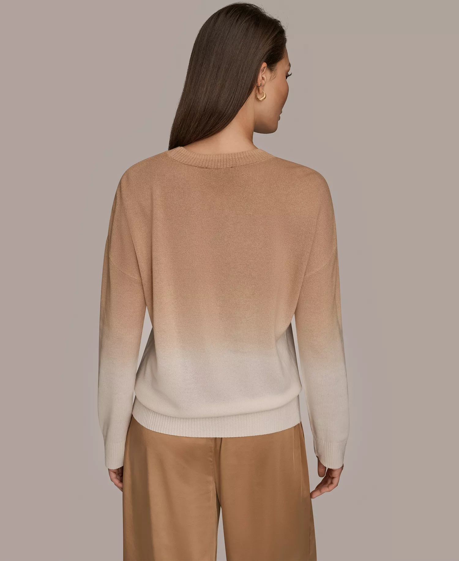 Women's Long Sleeve Wool Cashmere Blend Dye Dip Sweater - Cream/Fawn - L