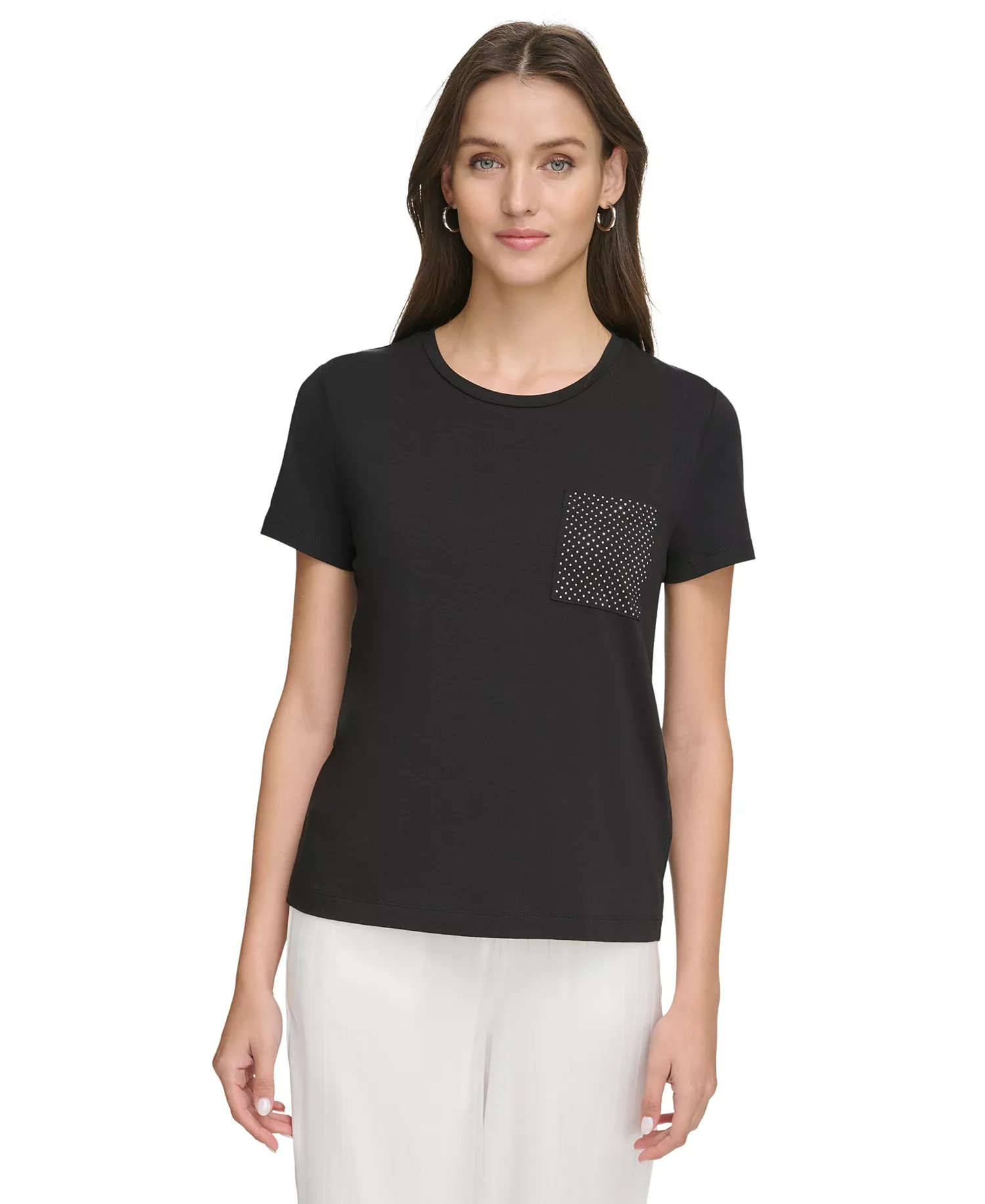 Women's Studded Pocket Short-Sleeve Shirt  - Black - L