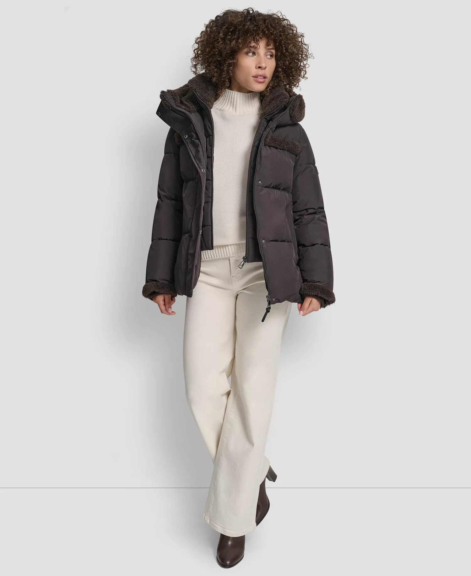 Women's Detailed Hooded Puffer Coat - Bitter - L