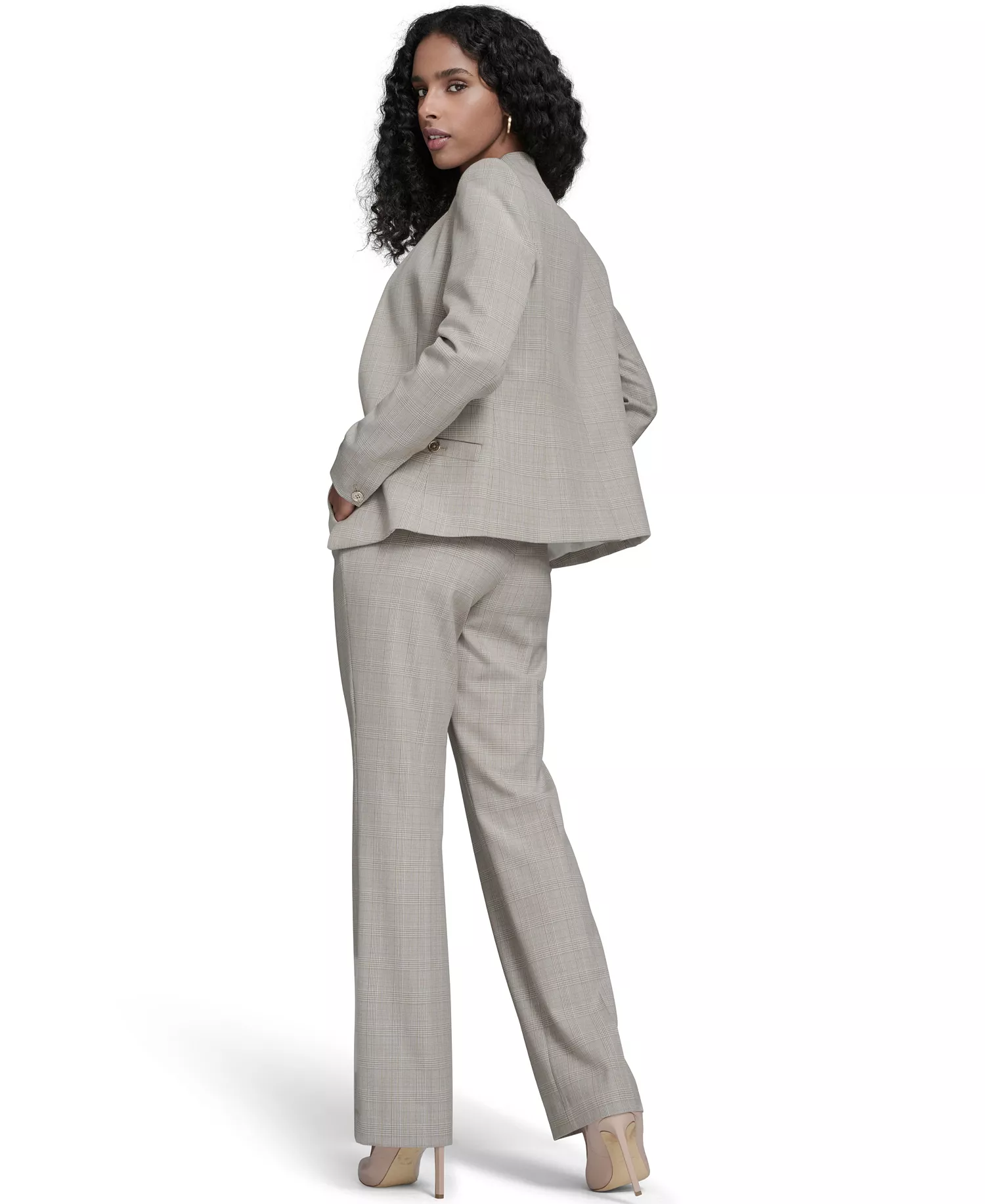 Women's Plaid Open Front Blazer,  Short-Sleeve Tipped Sweater and Plaid Bootcut Trousers - Harbor Gray Multi - 0